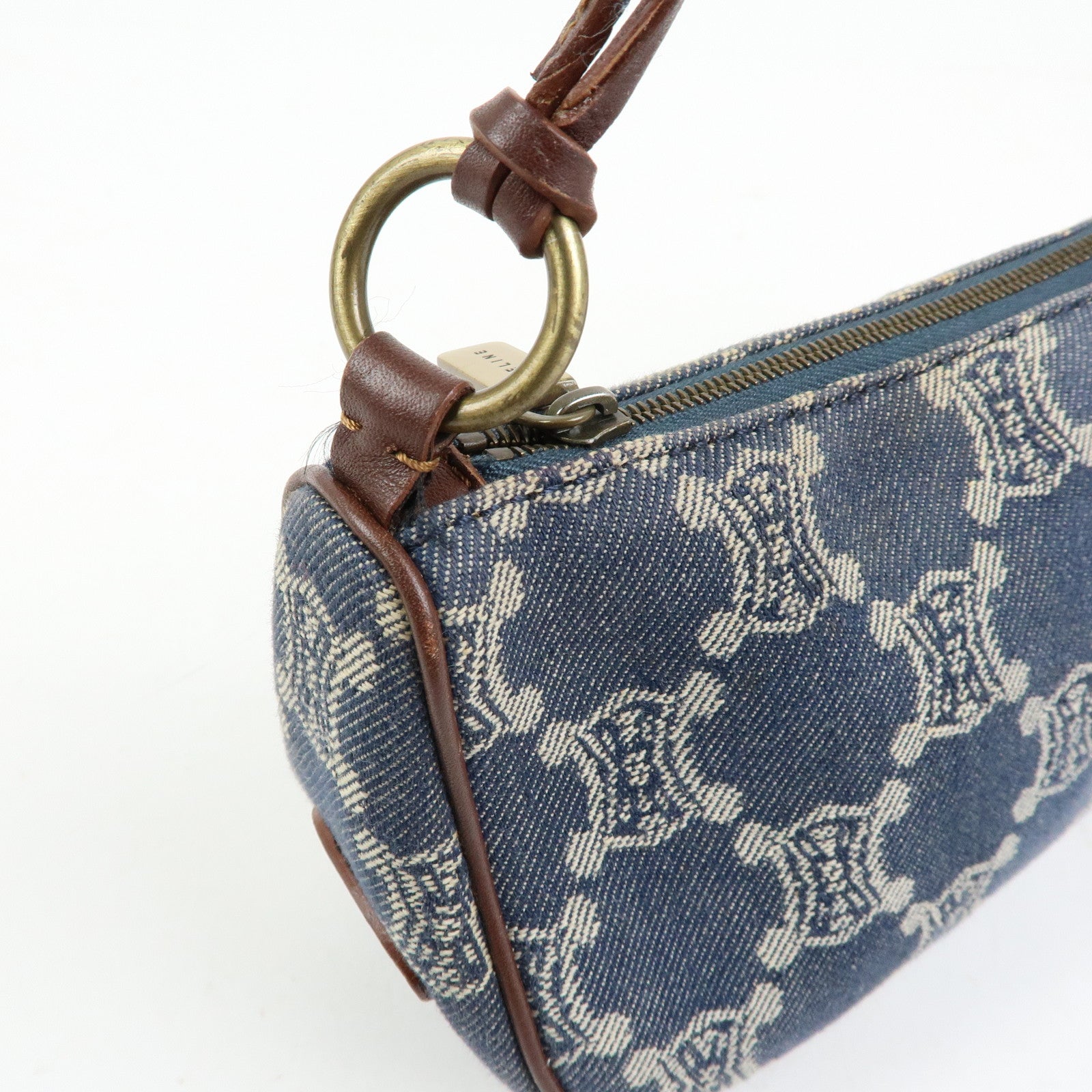 CELINE Macadam Denim Leather Shoulder Hand Bag Indigo Blue Brown