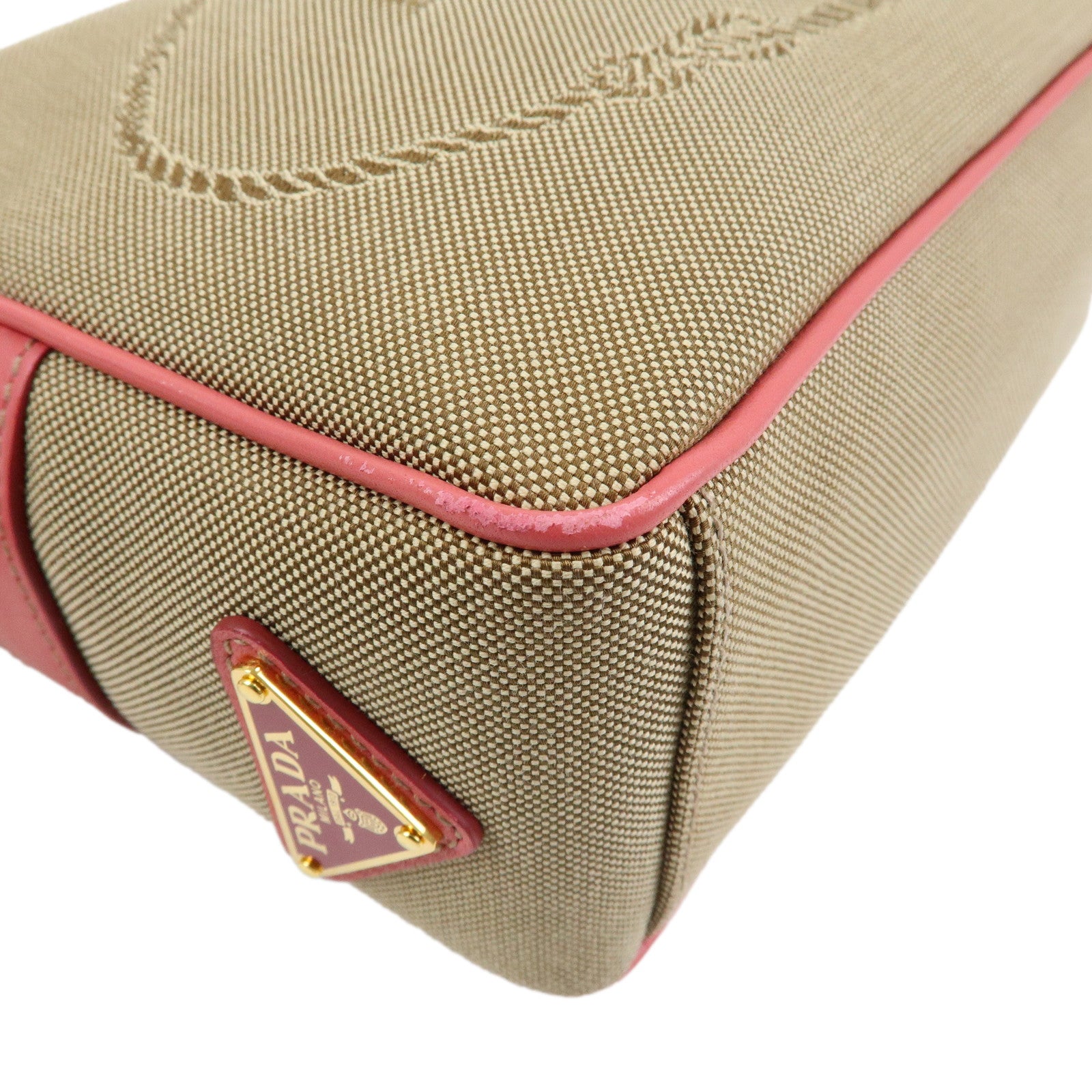 PRADA Triangle Logo Jacquard Leather Shoulder Bag Beige Pink 1BH089