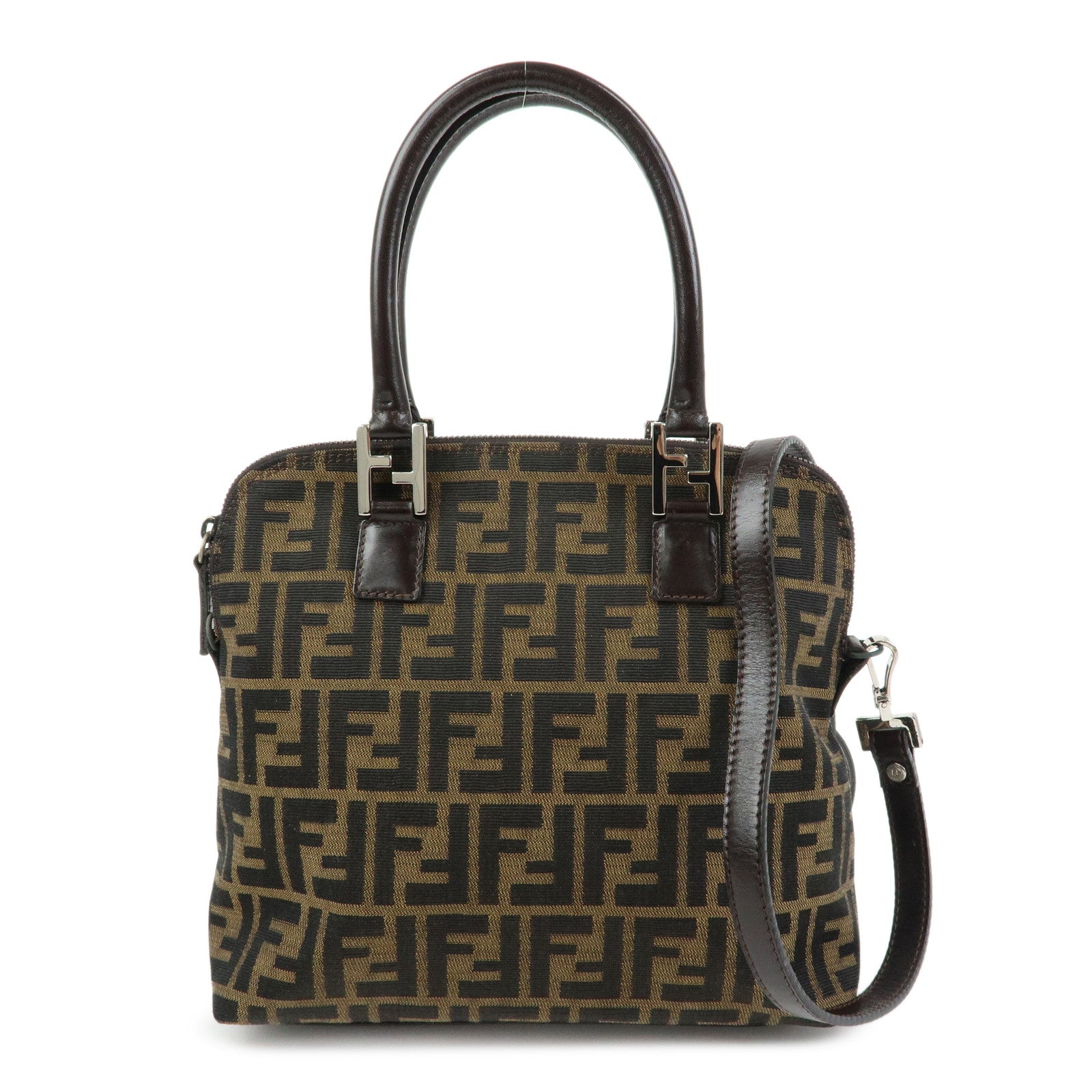 FENDI Zucca Jacquard Canvas Leather 2Way Bag Hand Bag Brown