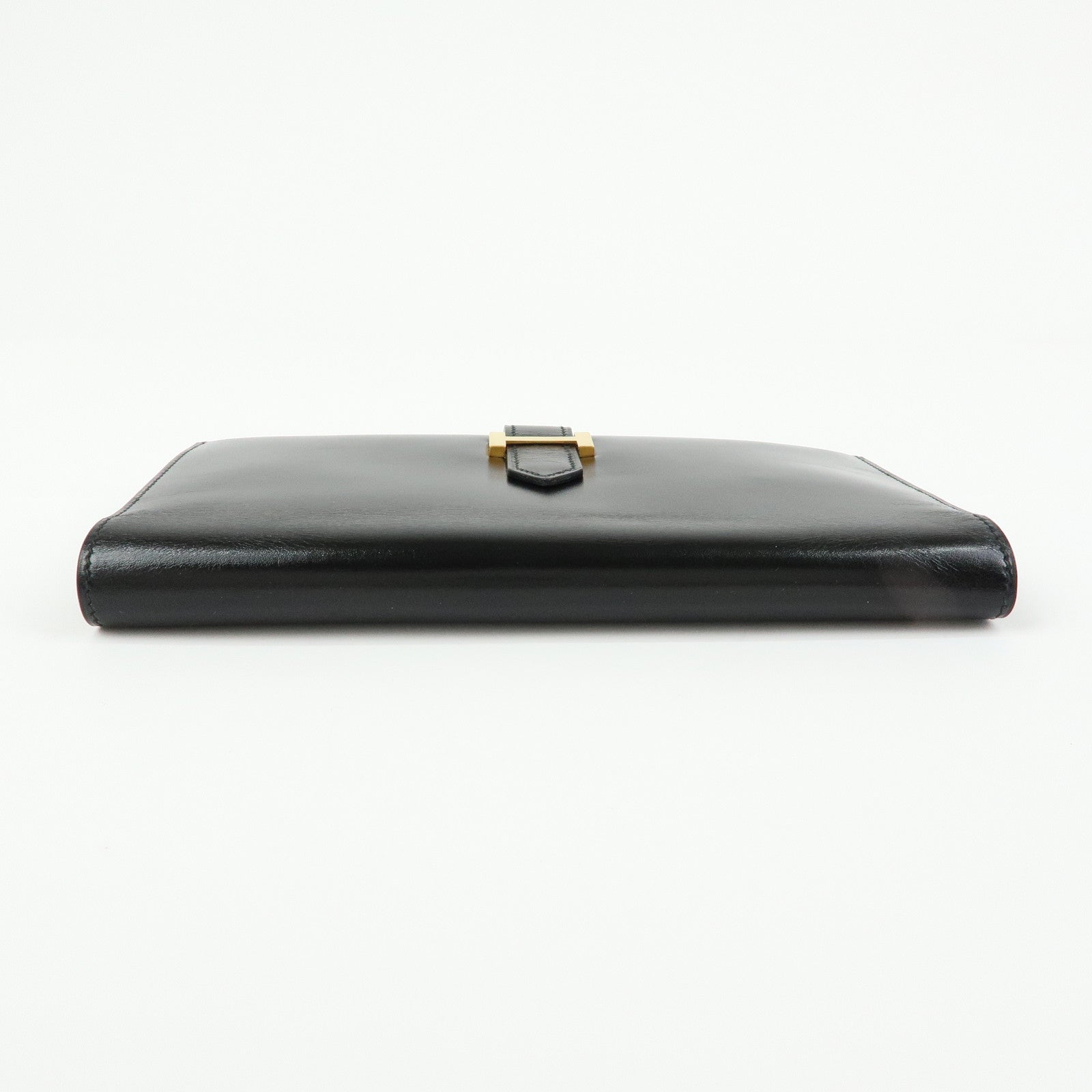 HERMES Bearn Box Calf Bi-fold Long Wallet 〇QStamped Black Gold