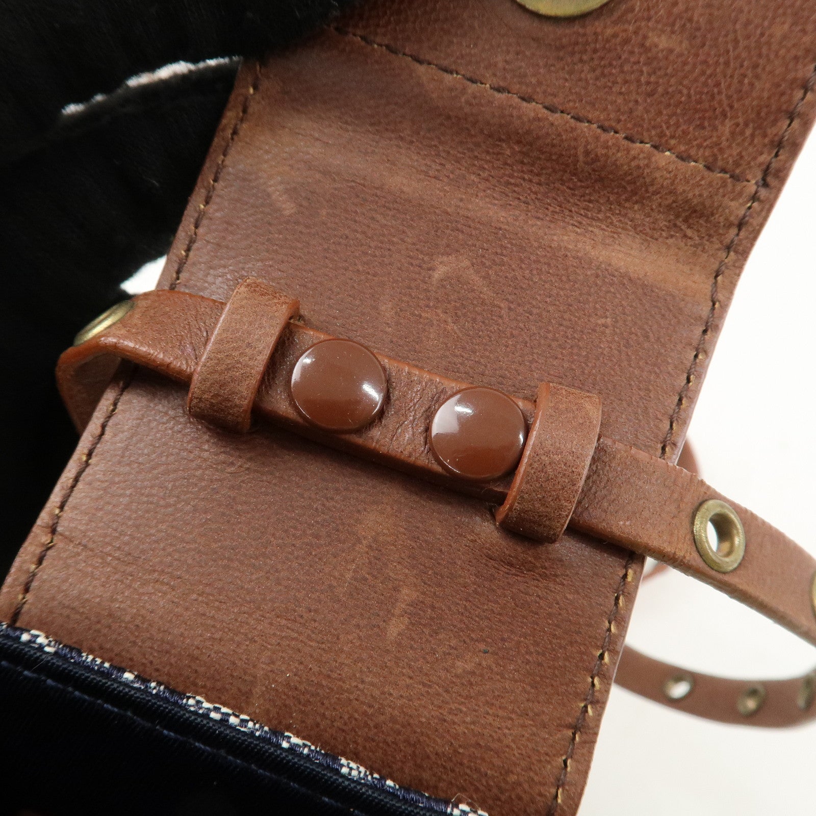 Christian Dior Trotter Canvas Leather Shoulder Bag Navy Brown Used