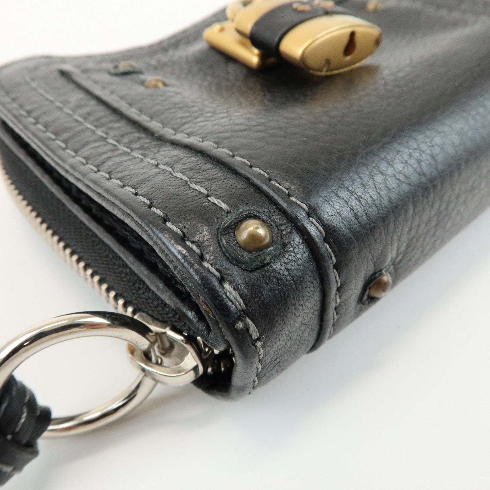 Chloe Logo Leather Round Zippy Compact Wallet Black