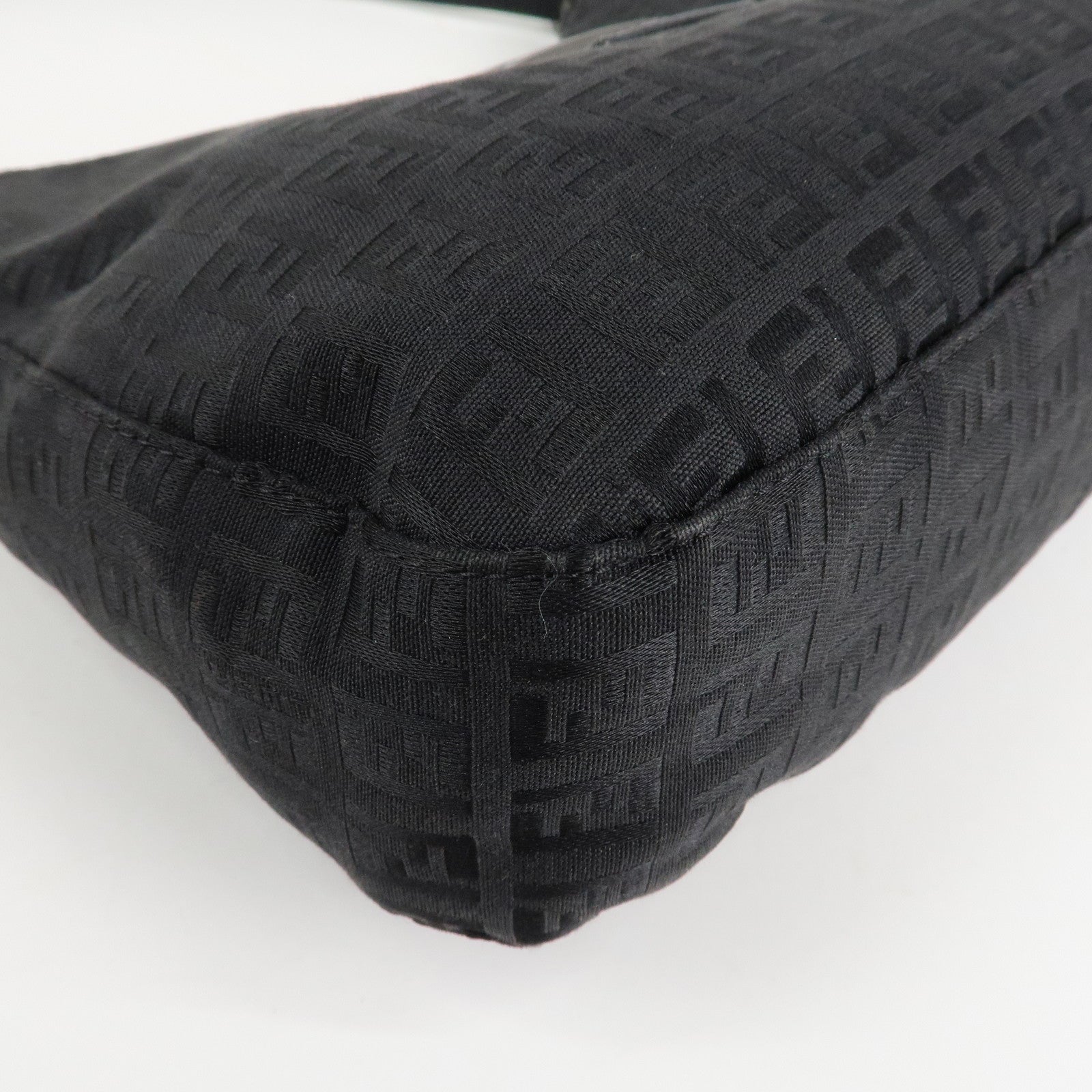 FENDI Zucchino Leather Canvas Shoulder Bag Black Used