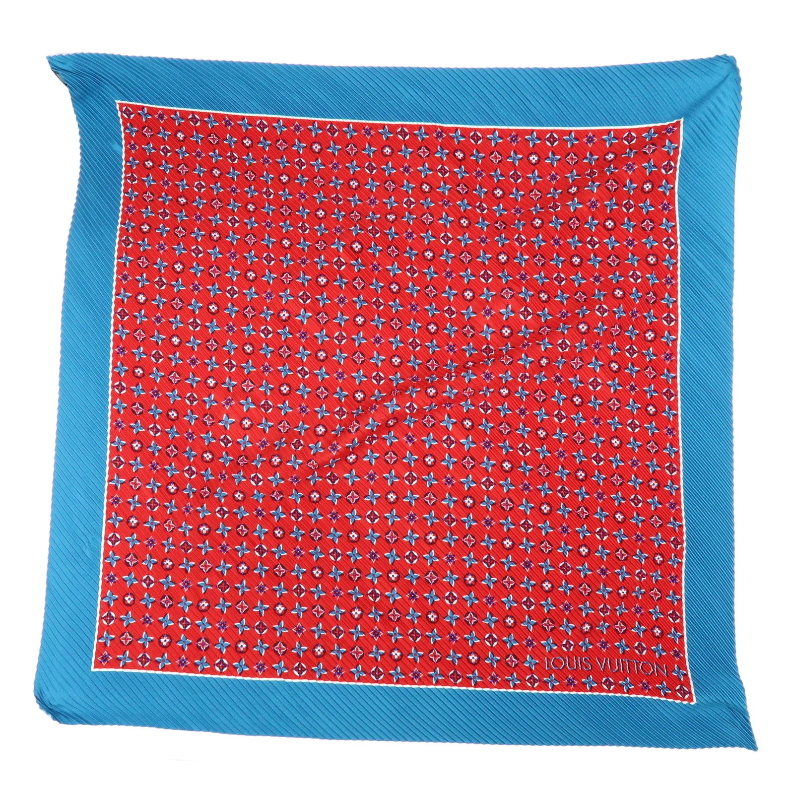 Louis Vuitton Monogram Silk 100% Pleated Scarf Red Blue M73846