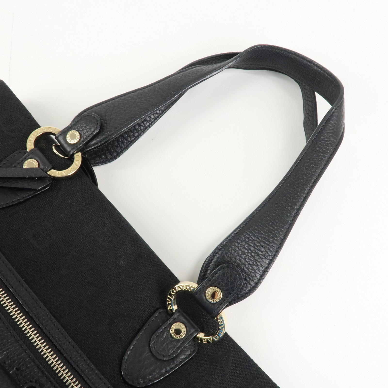 BVLGARI Logo Mania Canvas Leather Tote Bag Black Gold Hardware Used