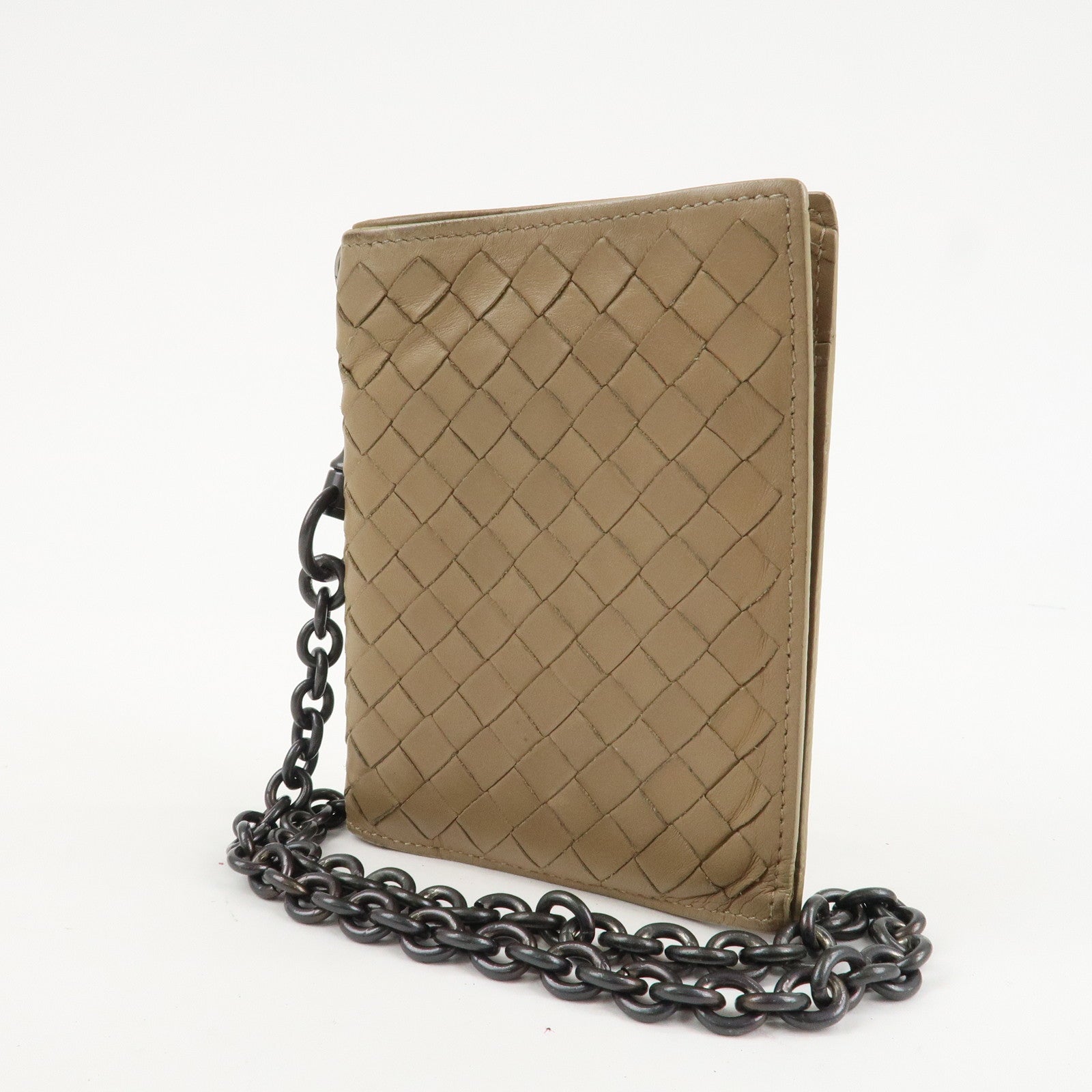 BOTTEGA VENETA Intrecciato Leather Chain Wallet Mini Wallet Beige Used
