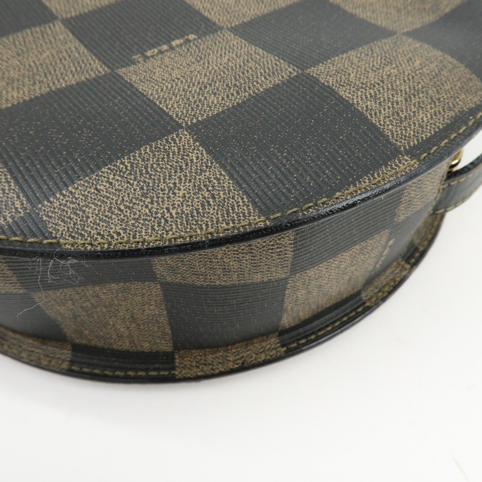 FENDI Leather PVC Round Shoulder Bag Checker Pattern Black Brown