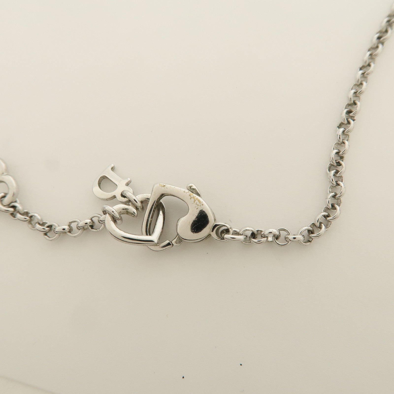 Christian Dior D Logo Heart Pendant Metal Necklace Silver