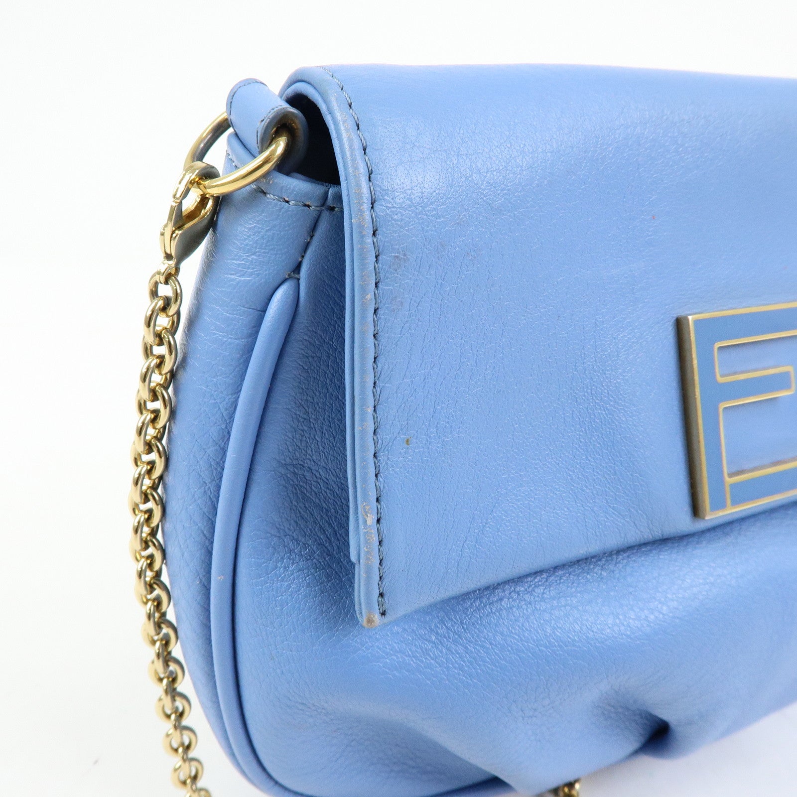 FENDI Leather Chain Shoulder Bag Crossbody Bag Light Blue 8M0276