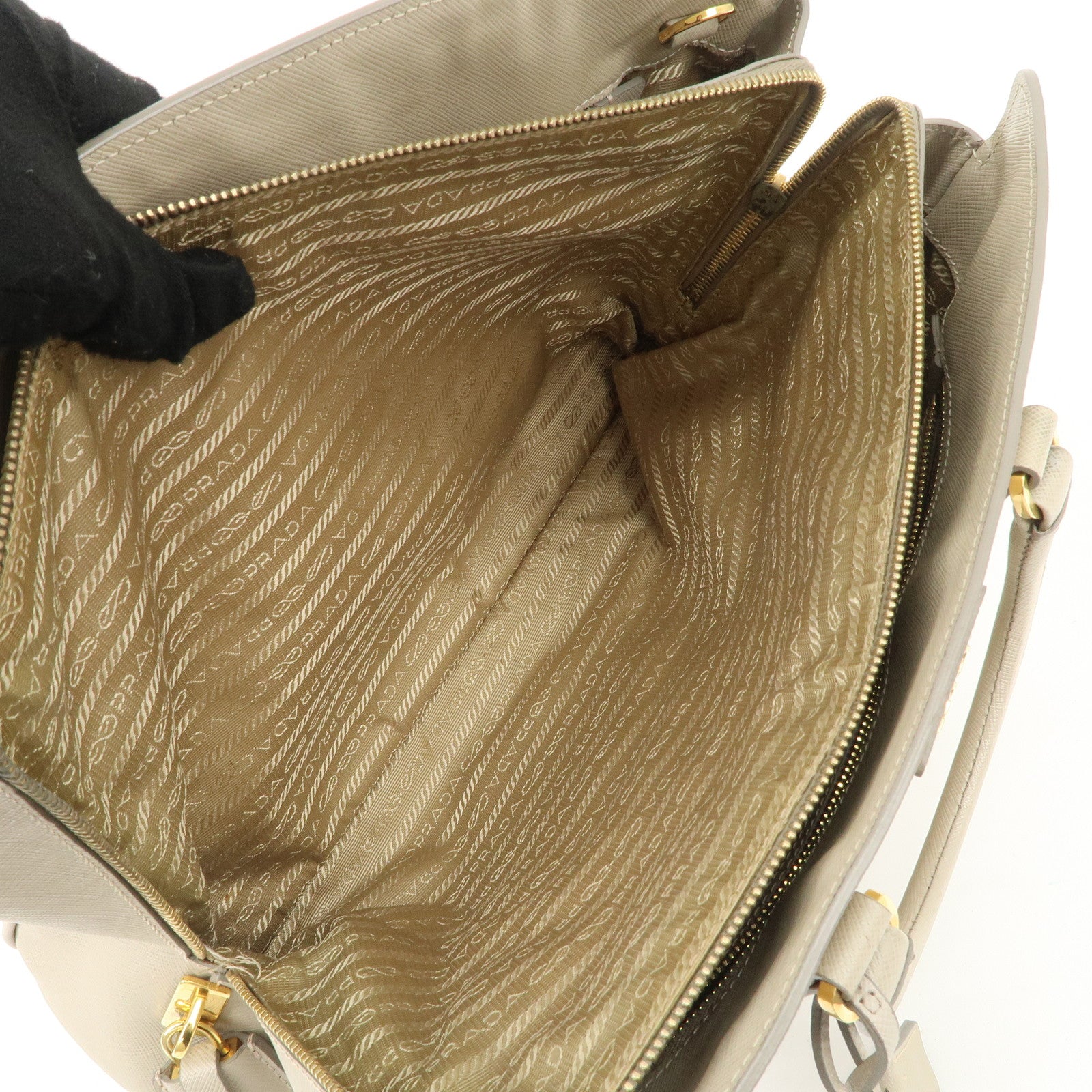 PRADA Triangle Logo Leather 2Way Bag Hand Bag Beige Gold Hardware Used
