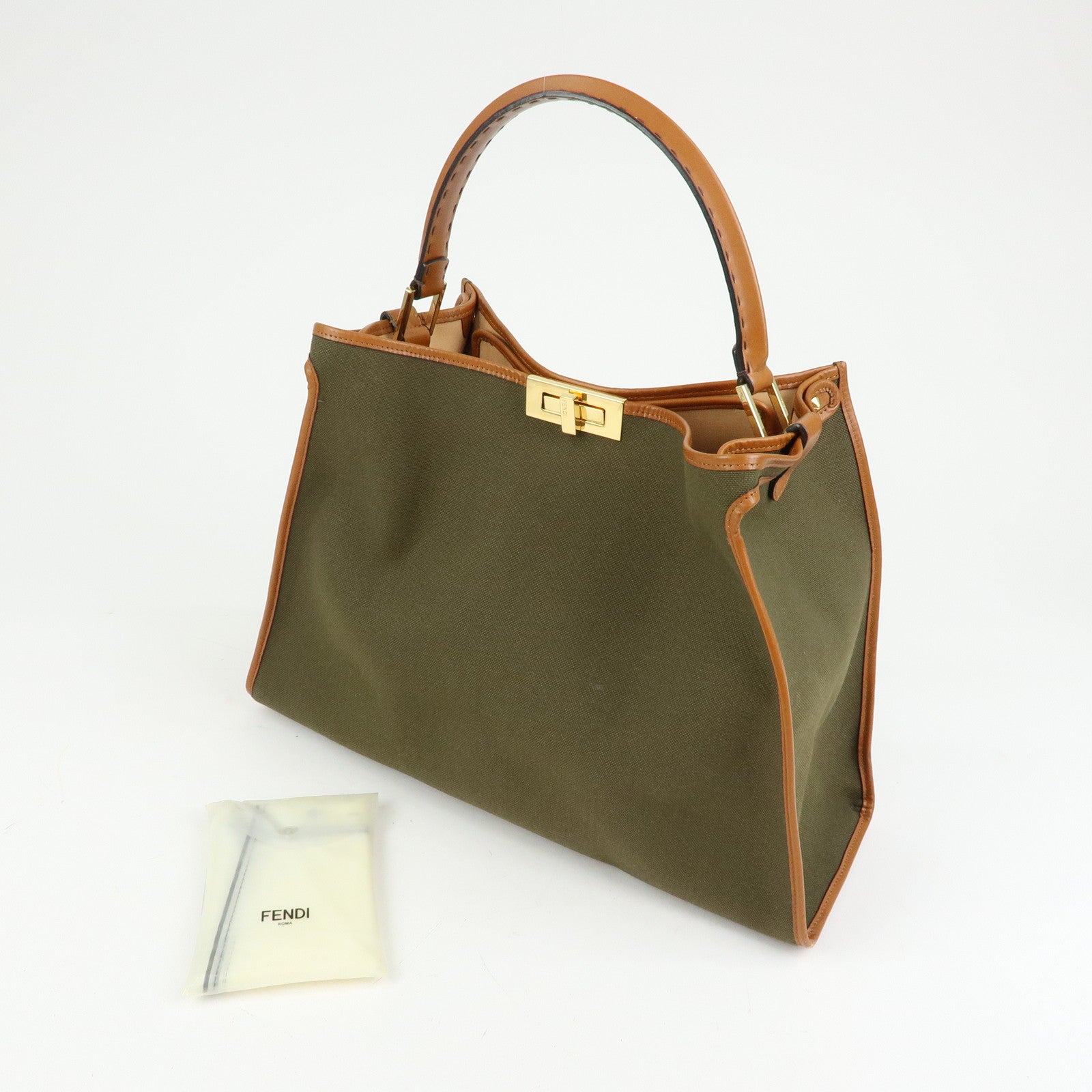 FENDI Peekaoo Canvas Leather Hand Bag Khaki Brown 8BN304