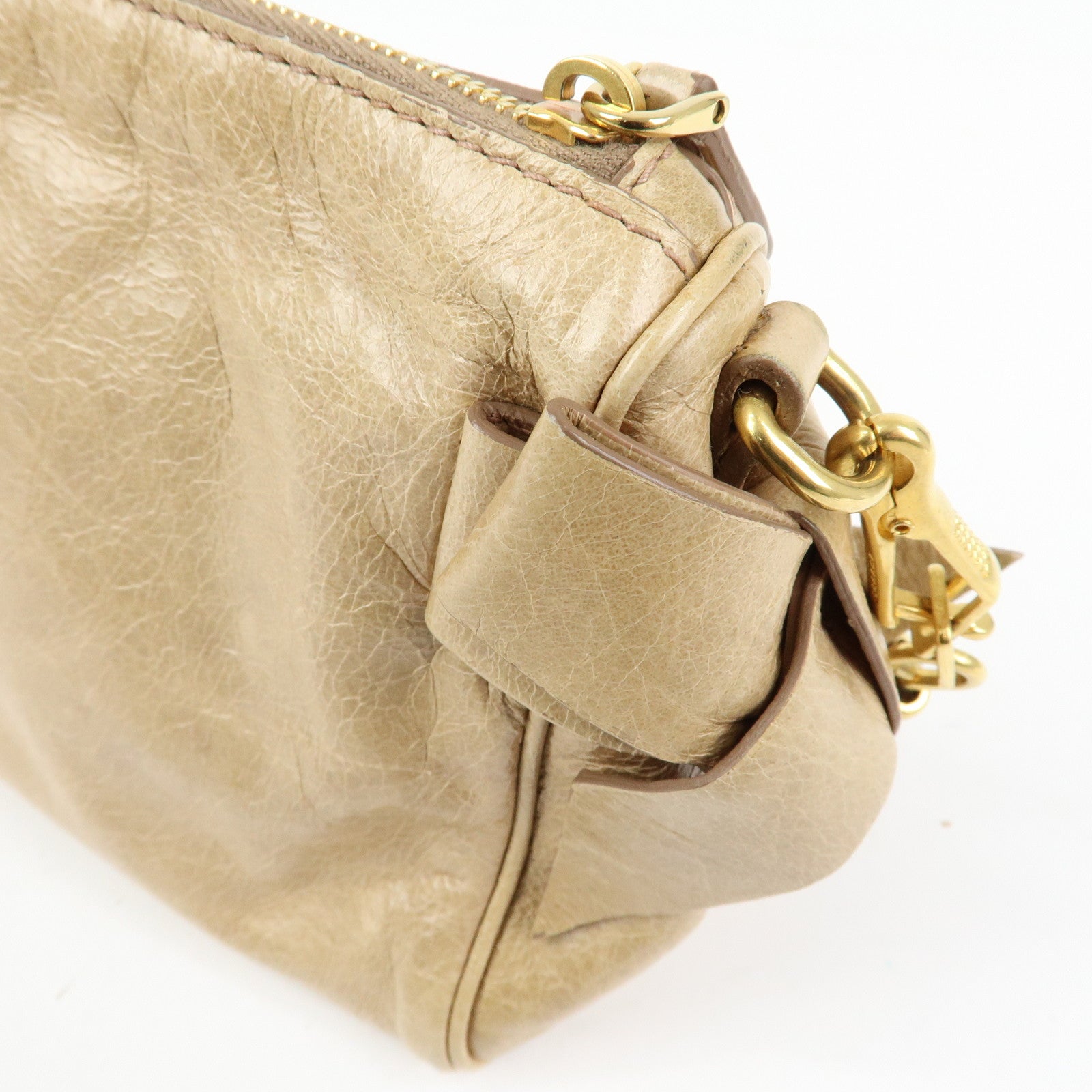 MIU MIU Leather Double Sided Ribbons Hand Bag Shoulder Bag Beige