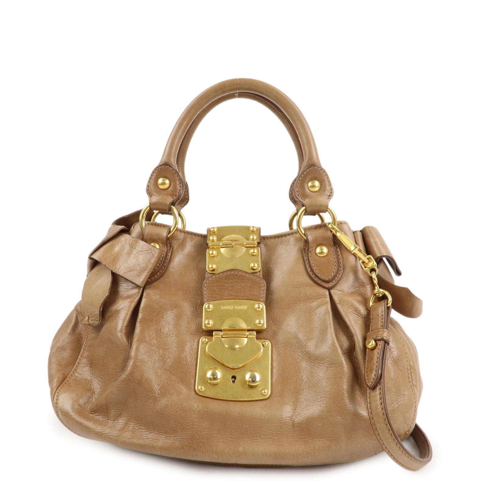 MIU MIU Leather Side Ribbon 2Way Bag Hand Bag Beige Gold