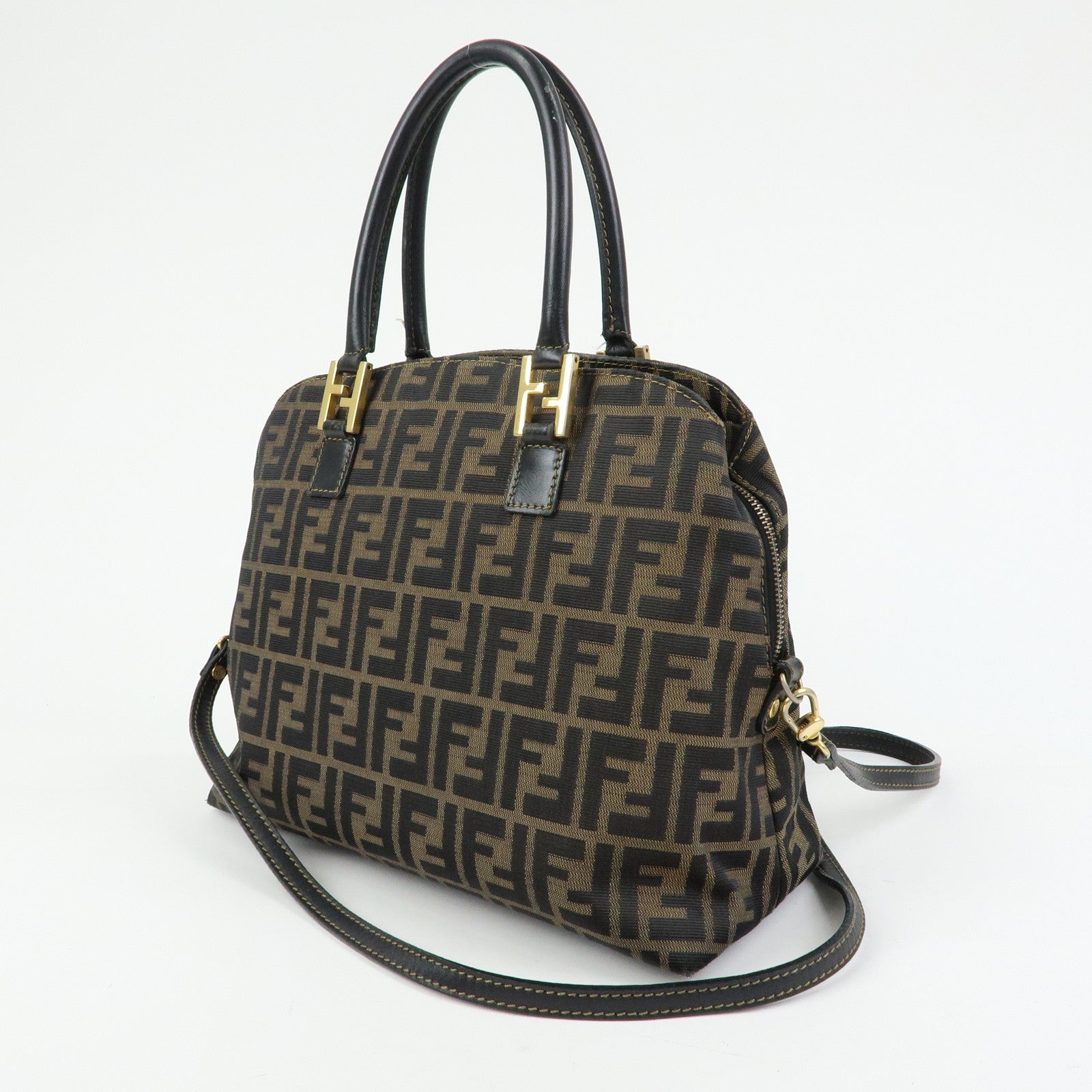 FENDI Zucca Canvas Leather 2Way Bag Hand Bag Shoulder Bag Brown