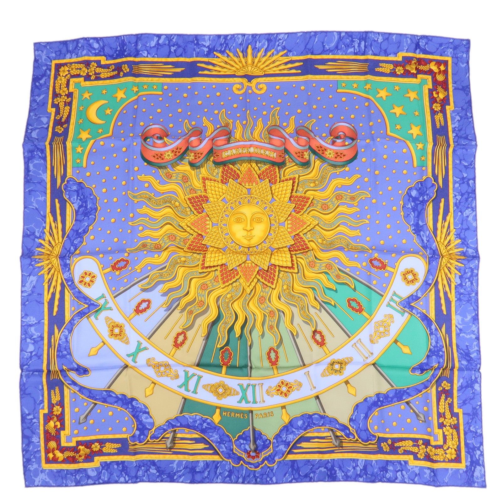 HERMES Carre 90 Silk 100% Scarf CARPE DIEM Blue Yellow Multicolor