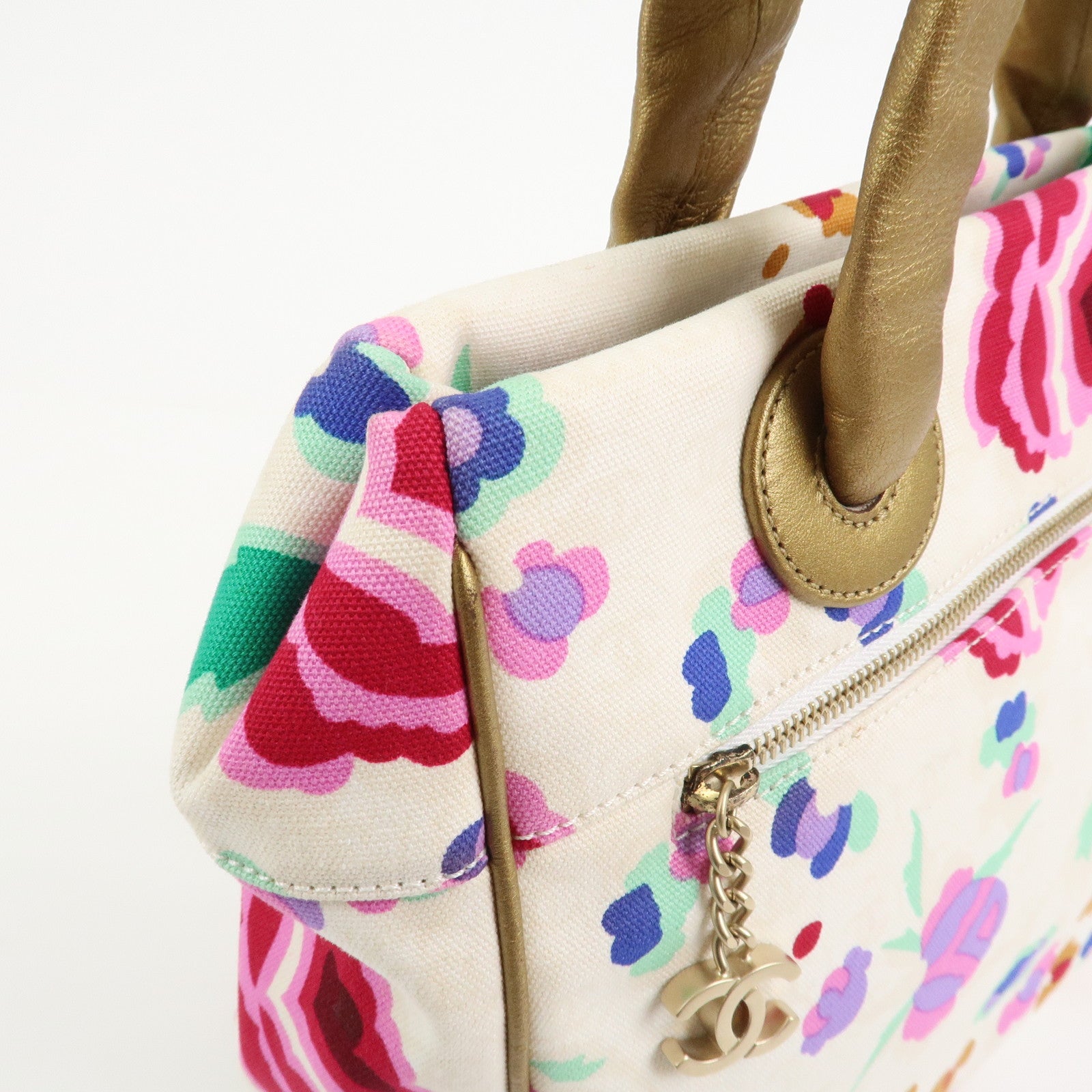 CHANEL Canvas Lamb Skin Tote Bag Shoulder Bag Flora A25388