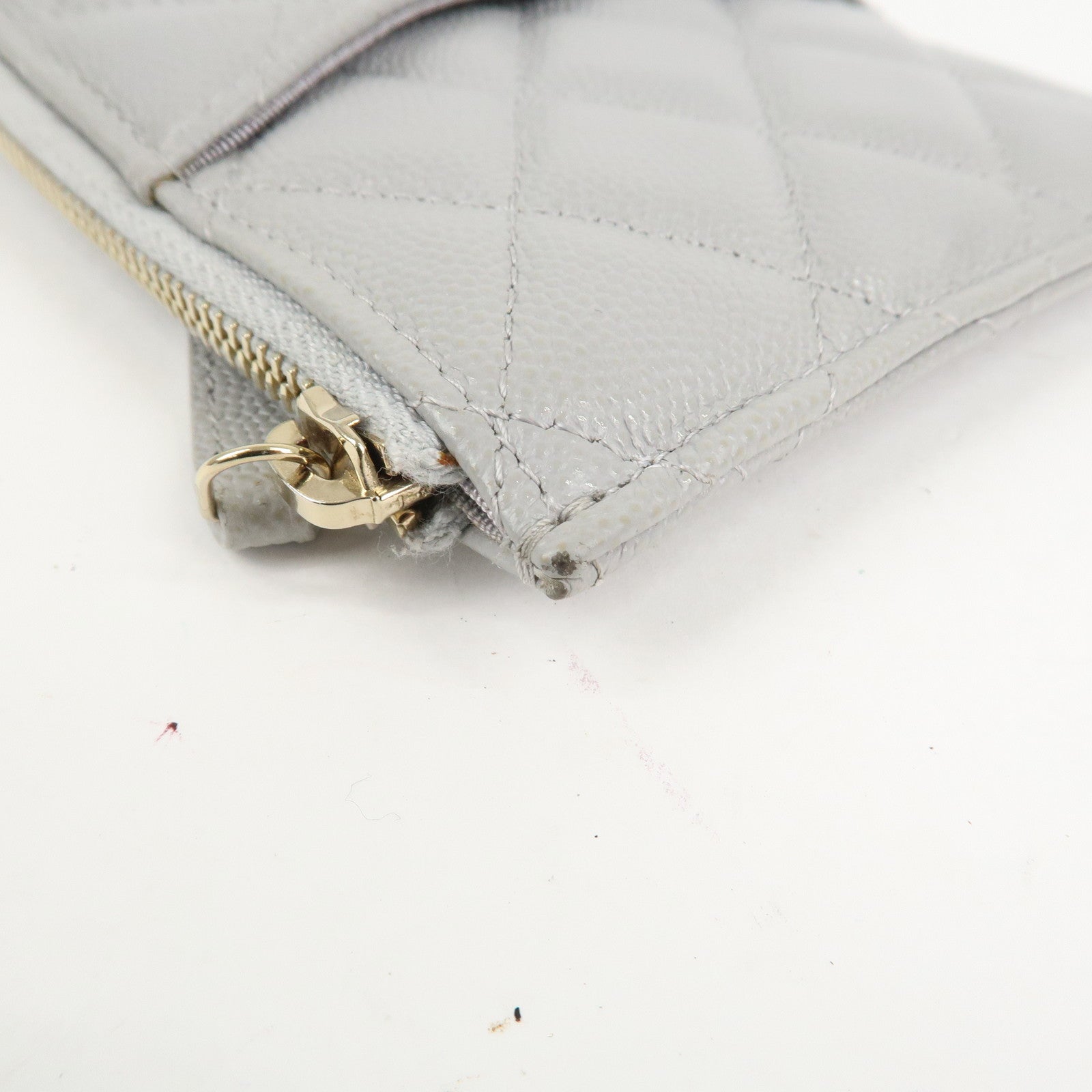 CHANEL Matelasse Caviar Skin Coco Mark Classic Pouch Card Case Gray Used