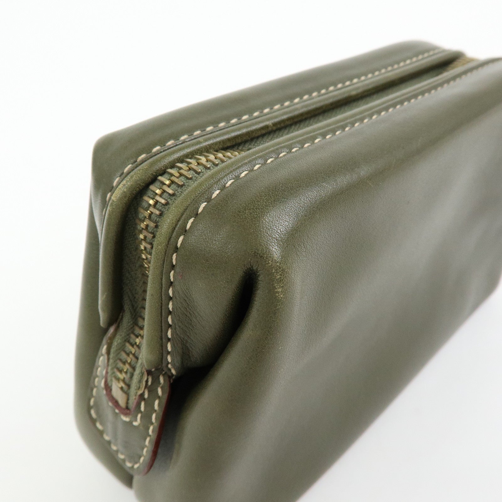 CELINE Logo Leather Accessory Pouch Cosmetic Case Khaki