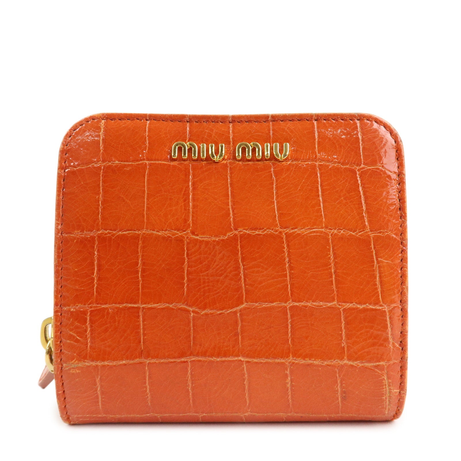 MIU MIU Leather Bi-Fold Wallet Compact Wallet Orange Gold Hardware Used