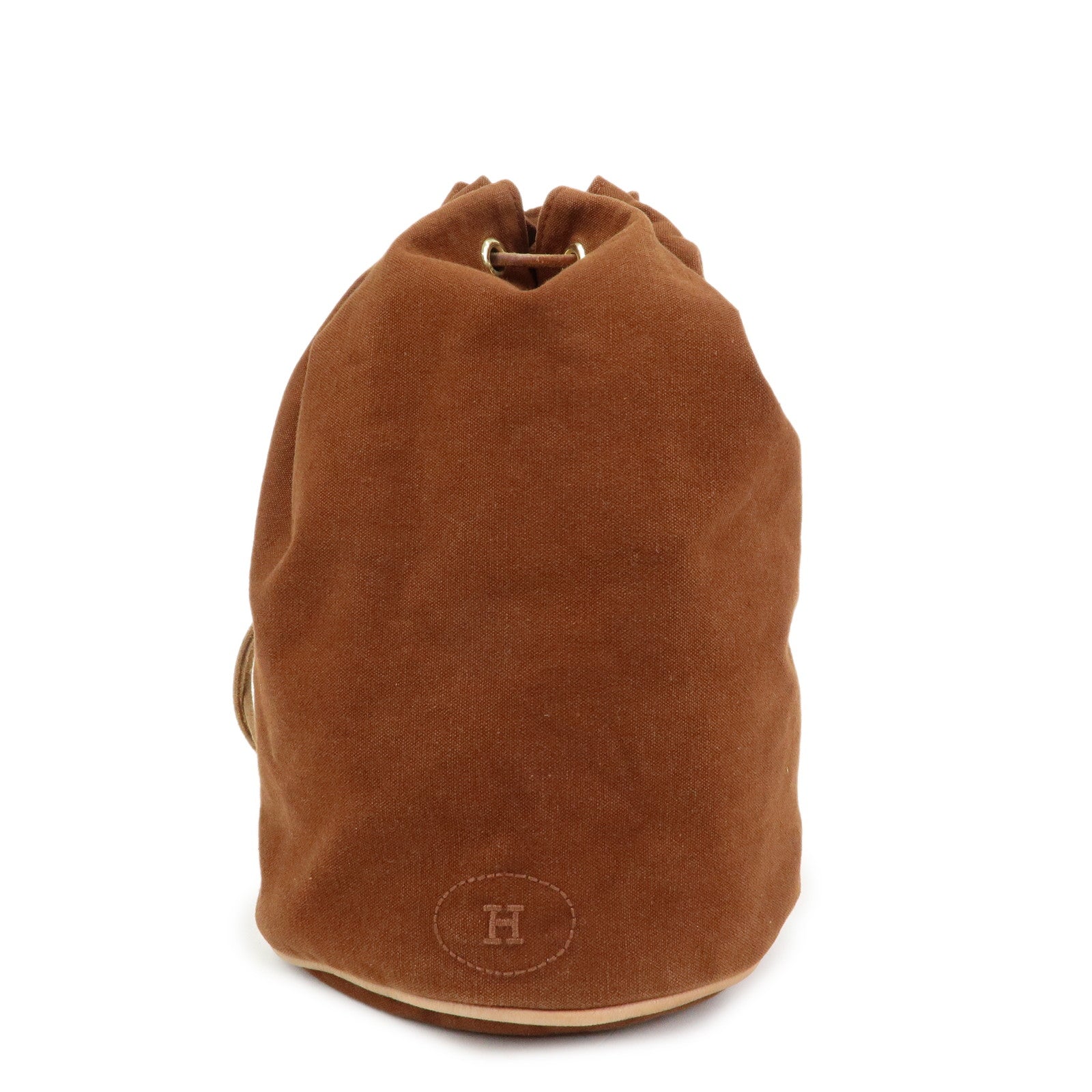 HERMES Porochon Mimil PM Canvas Leather Drawstring Backpack Brown
