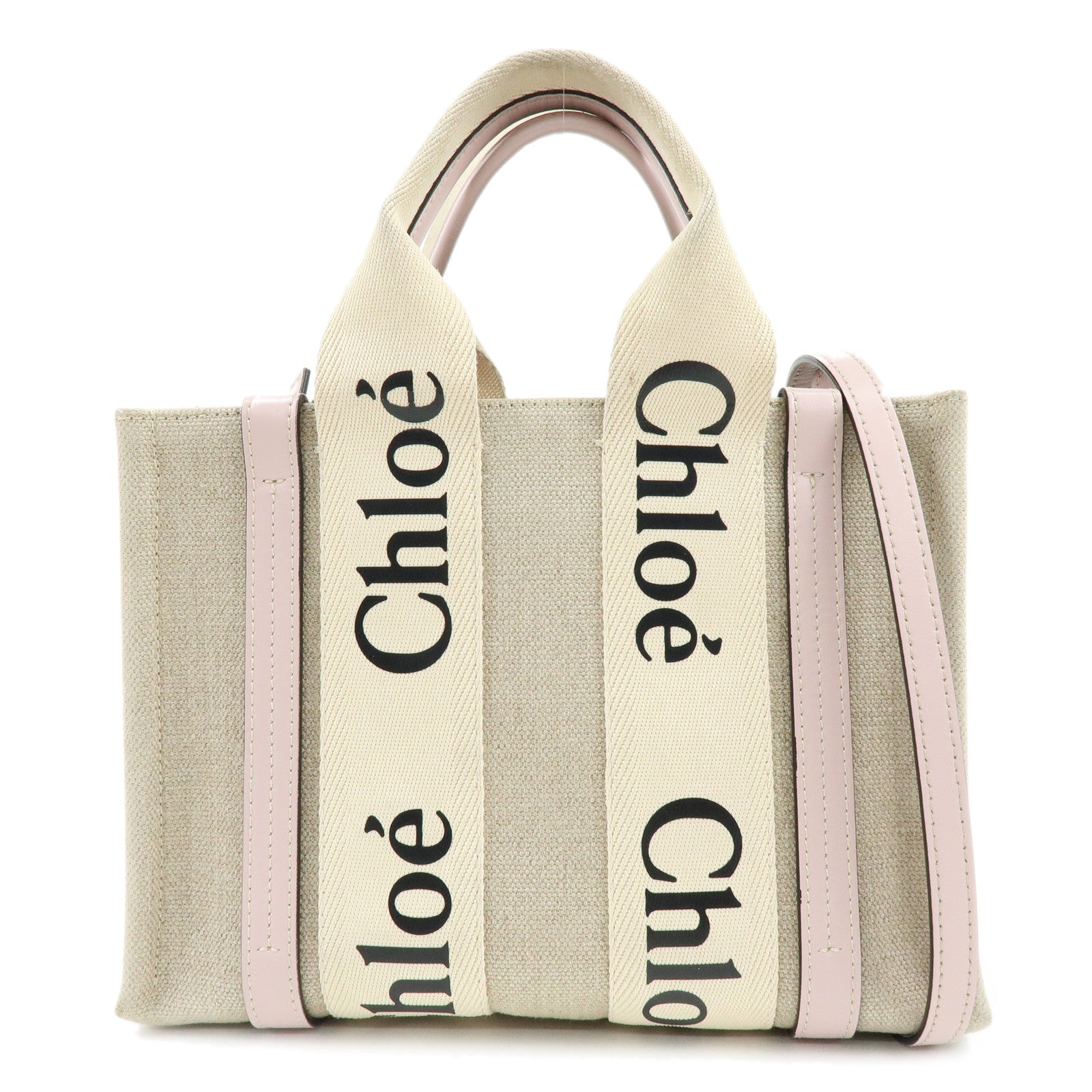 Chloe Woody Canvas Leather 2Way Bag Shoulder Bag Natural Pink