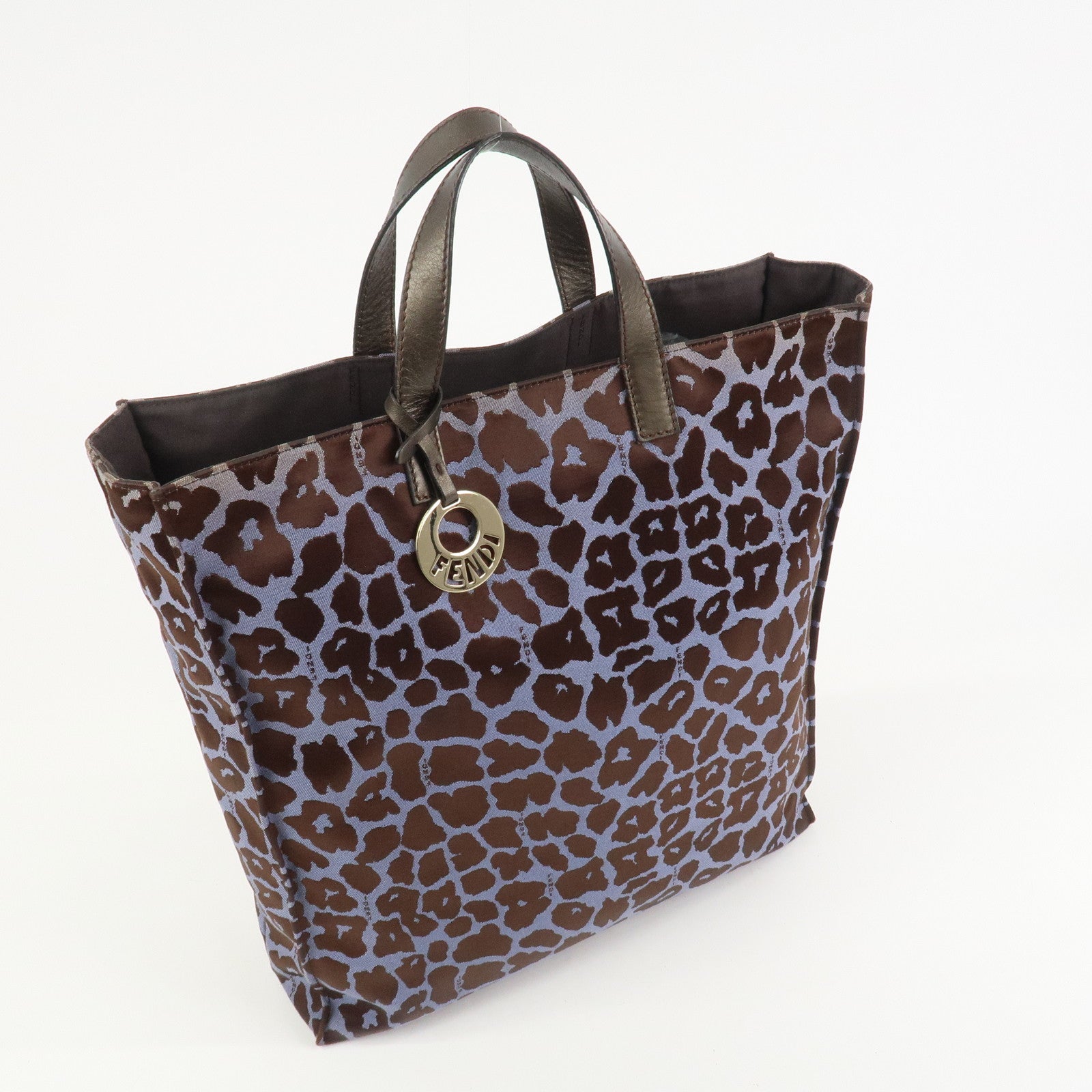 FENDI Leopard Canvas Satin Leather Tote Bag Hand Bag Blue 8BH173