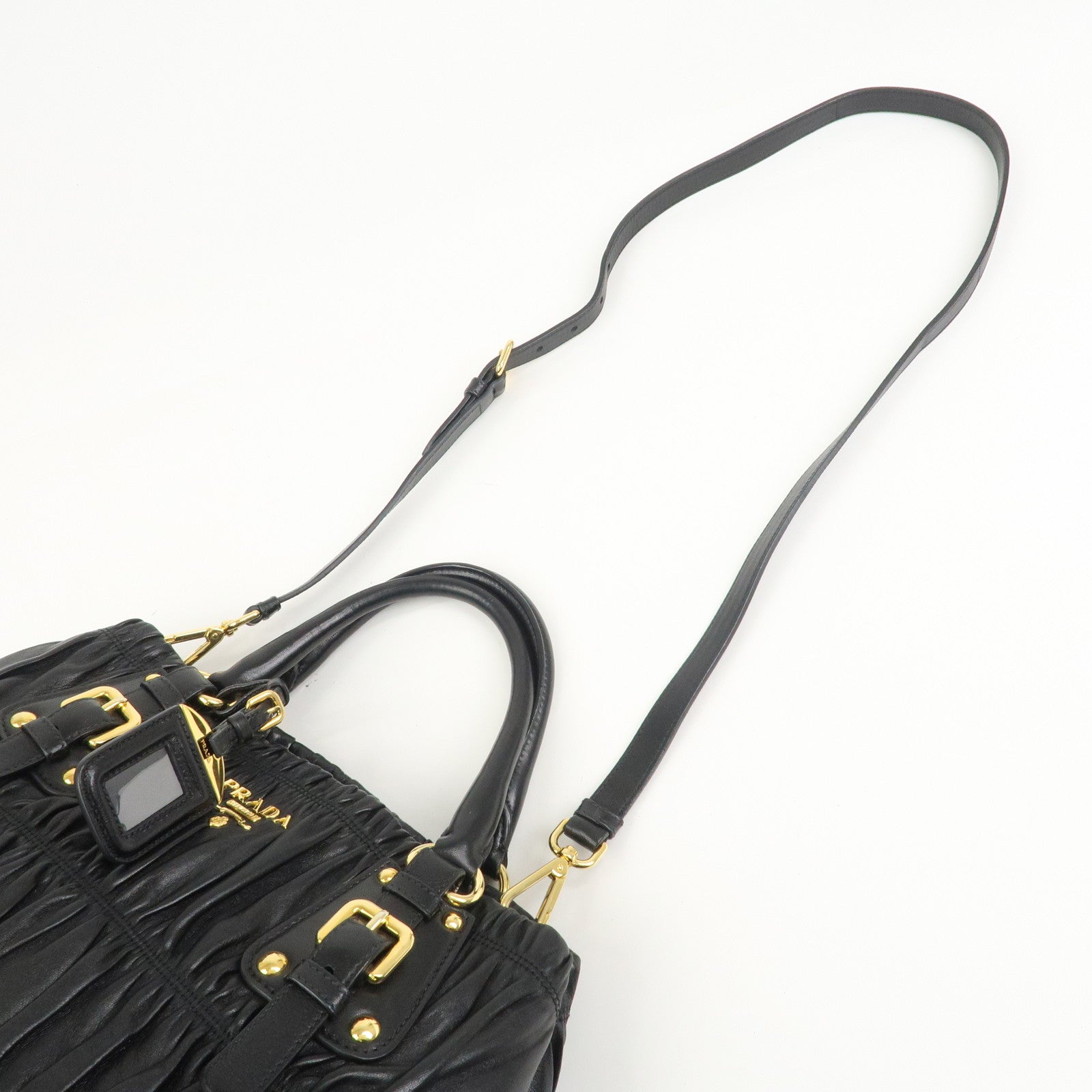 PRADA Leather Gathered 2Way Shoulder Bag Hand Bag Black BN1789