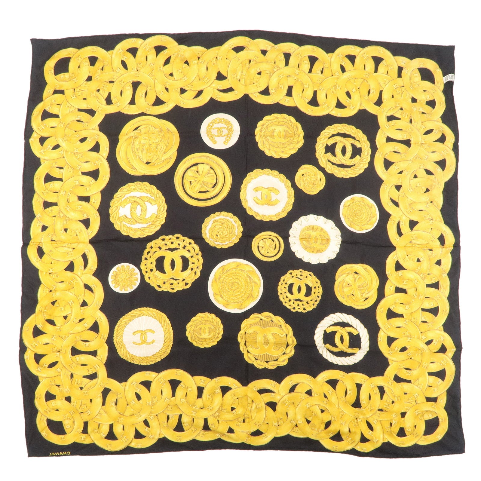 CHANEL COCO Mark Silk 100% Scarf Chain Pattern Black Gold Used