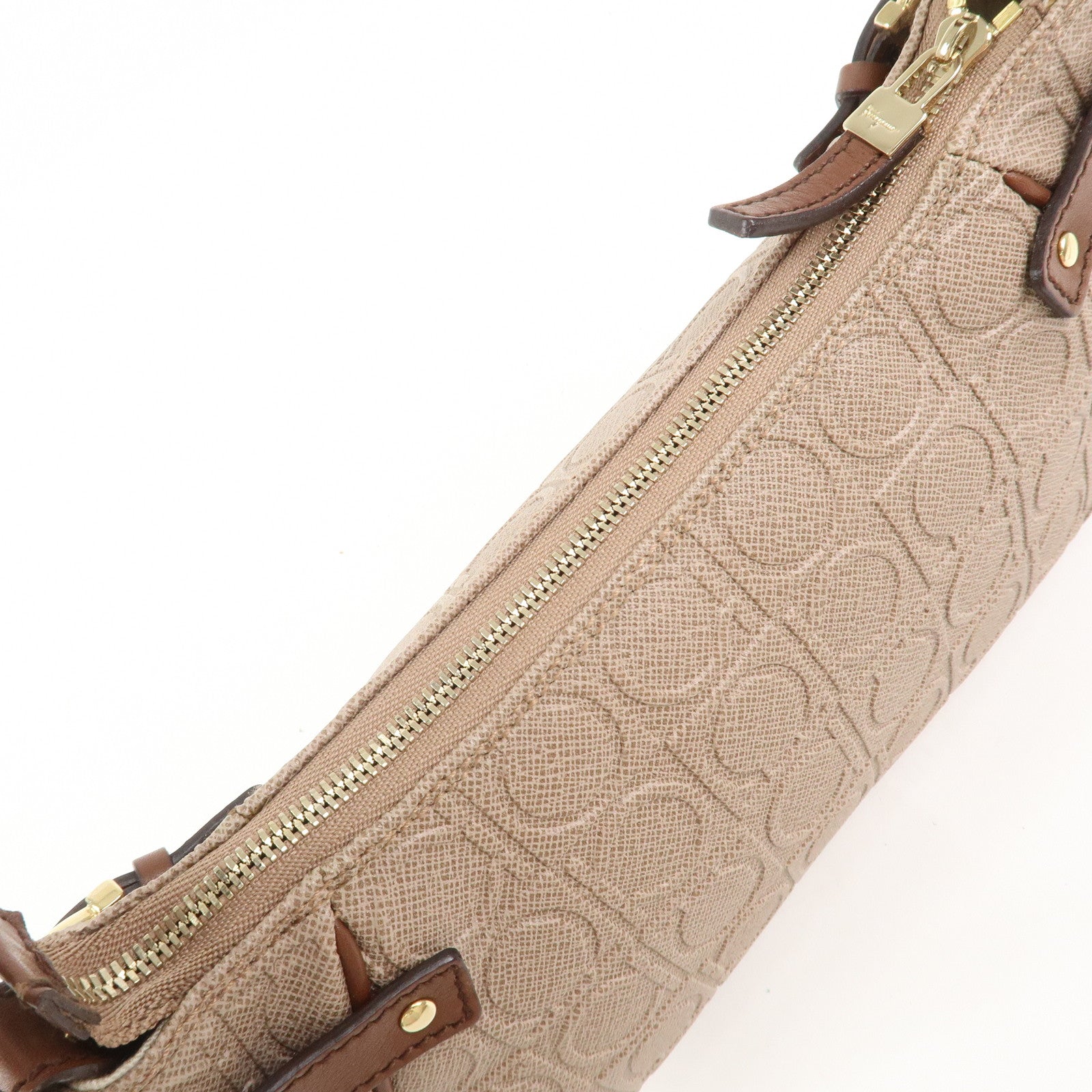 Ferragamo Gancini Logo PVC Leather Shoulder Bag Hand Bag Brown