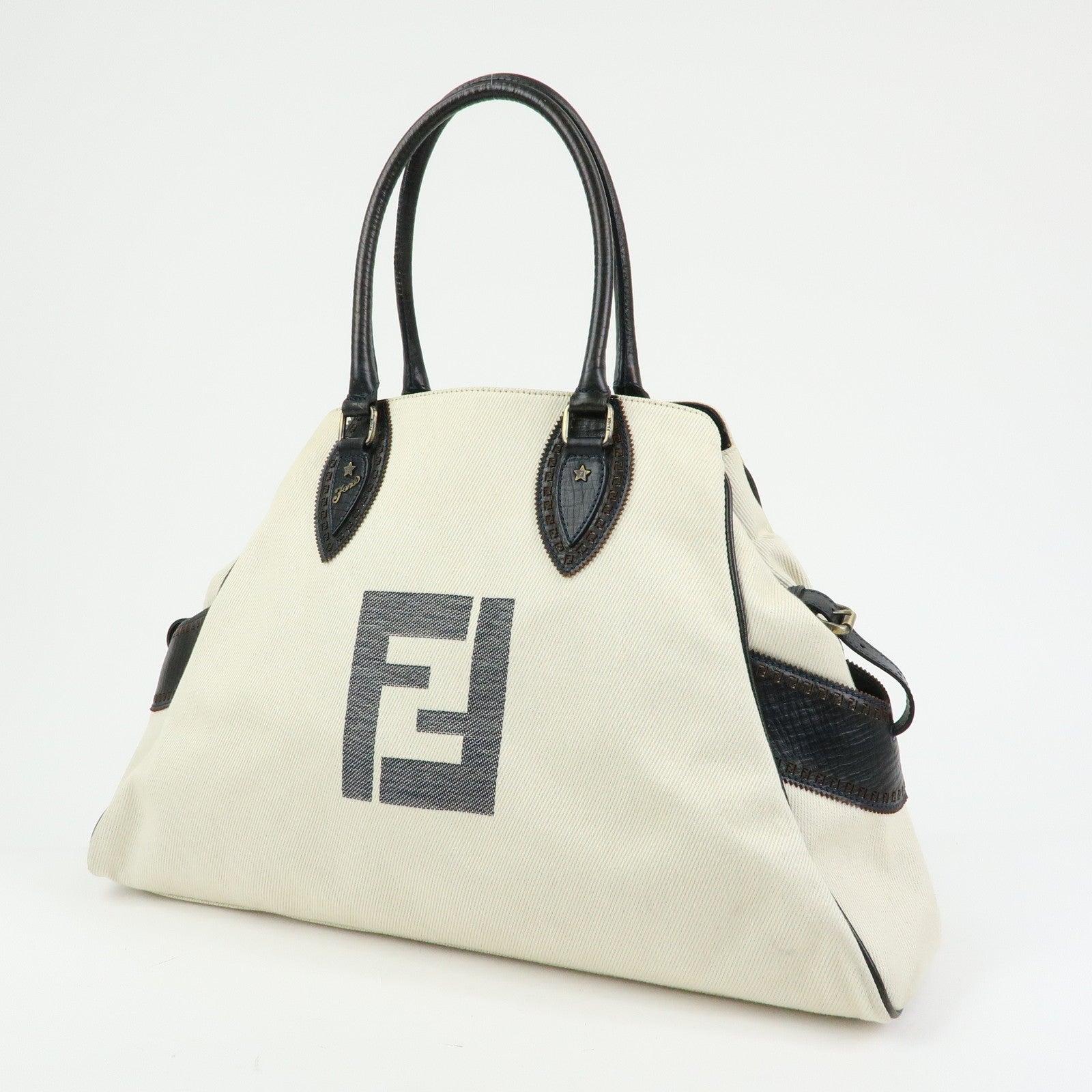 FENDI Etnico Denim Leather Tote Bag Ivory Dark Brown 8BN158