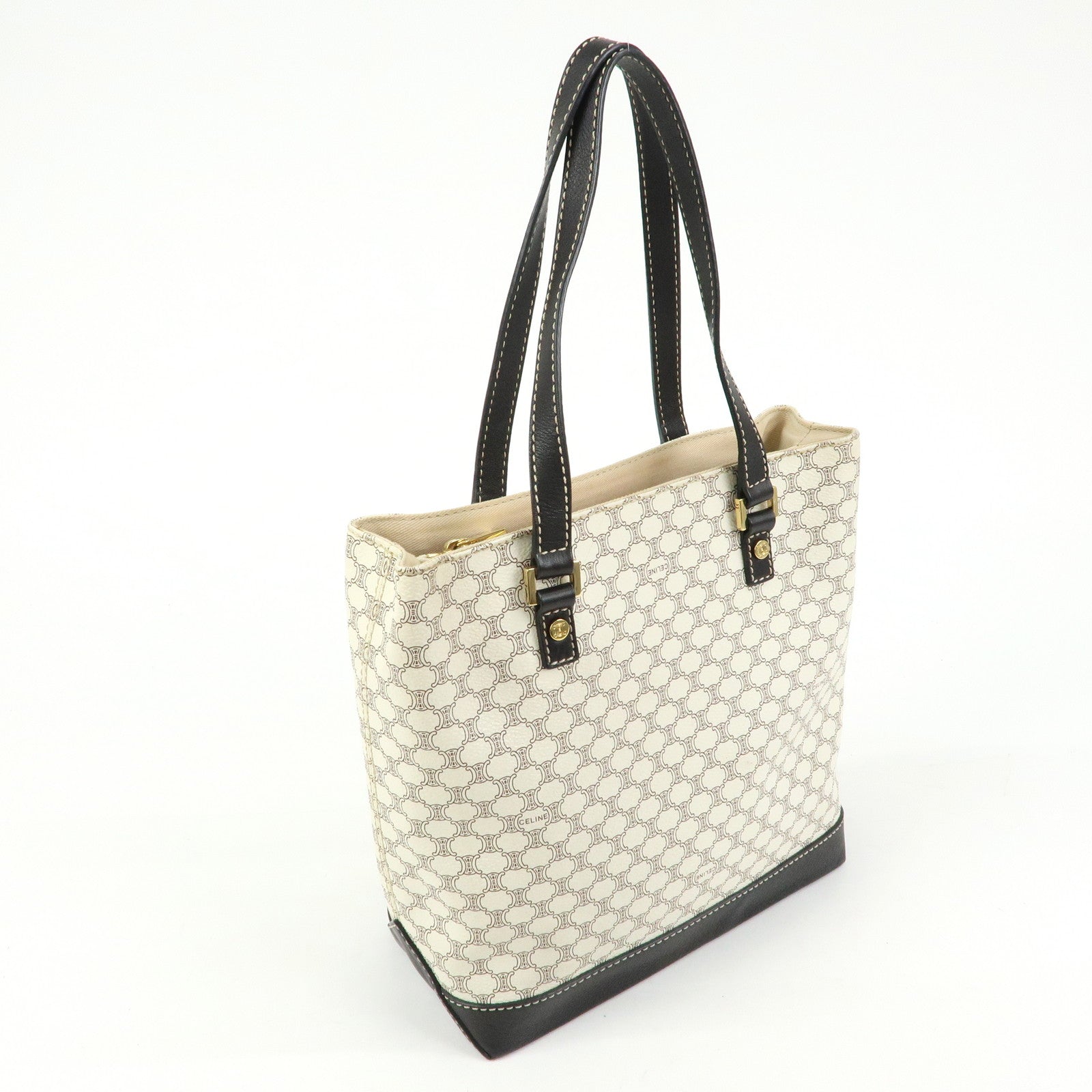 CELINE Macadam PVC Coated Canvas Leather Tote Bag White Dark Brown