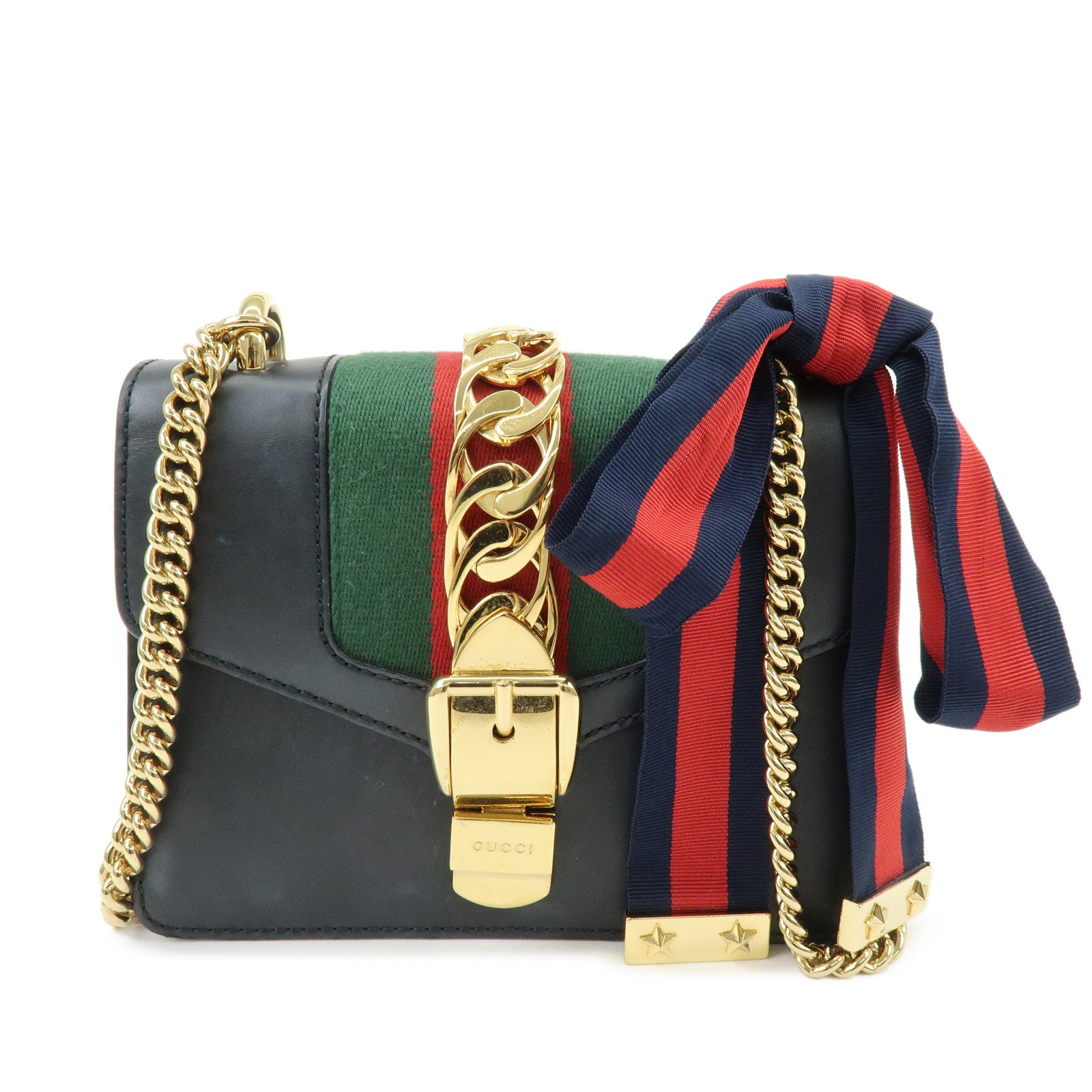 GUCCI Sylvie Sherry Leather Chain Shoulder Bag Black 431666