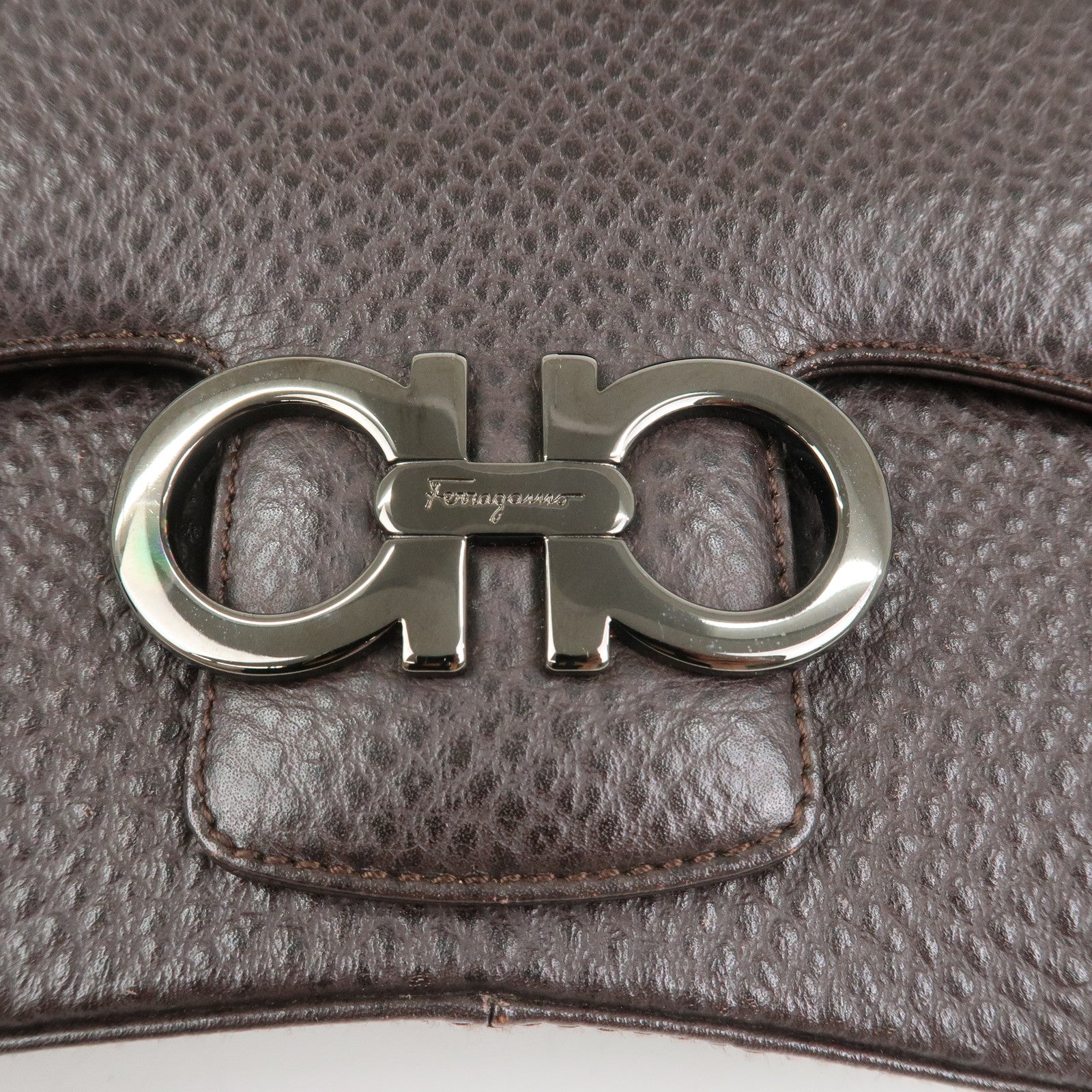 Ferragamo Gancini Logo Leather Shoulder Bag Hand Bag Brown
