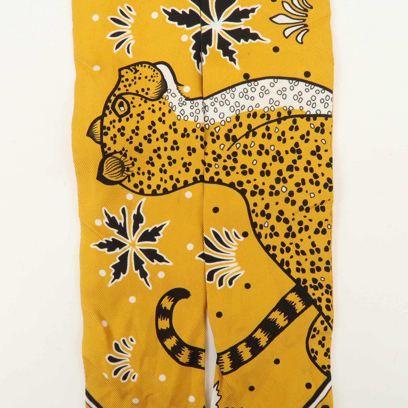 HERMES Silk 100% Twilly Scarf LES LEOPARDS Yellow Black White