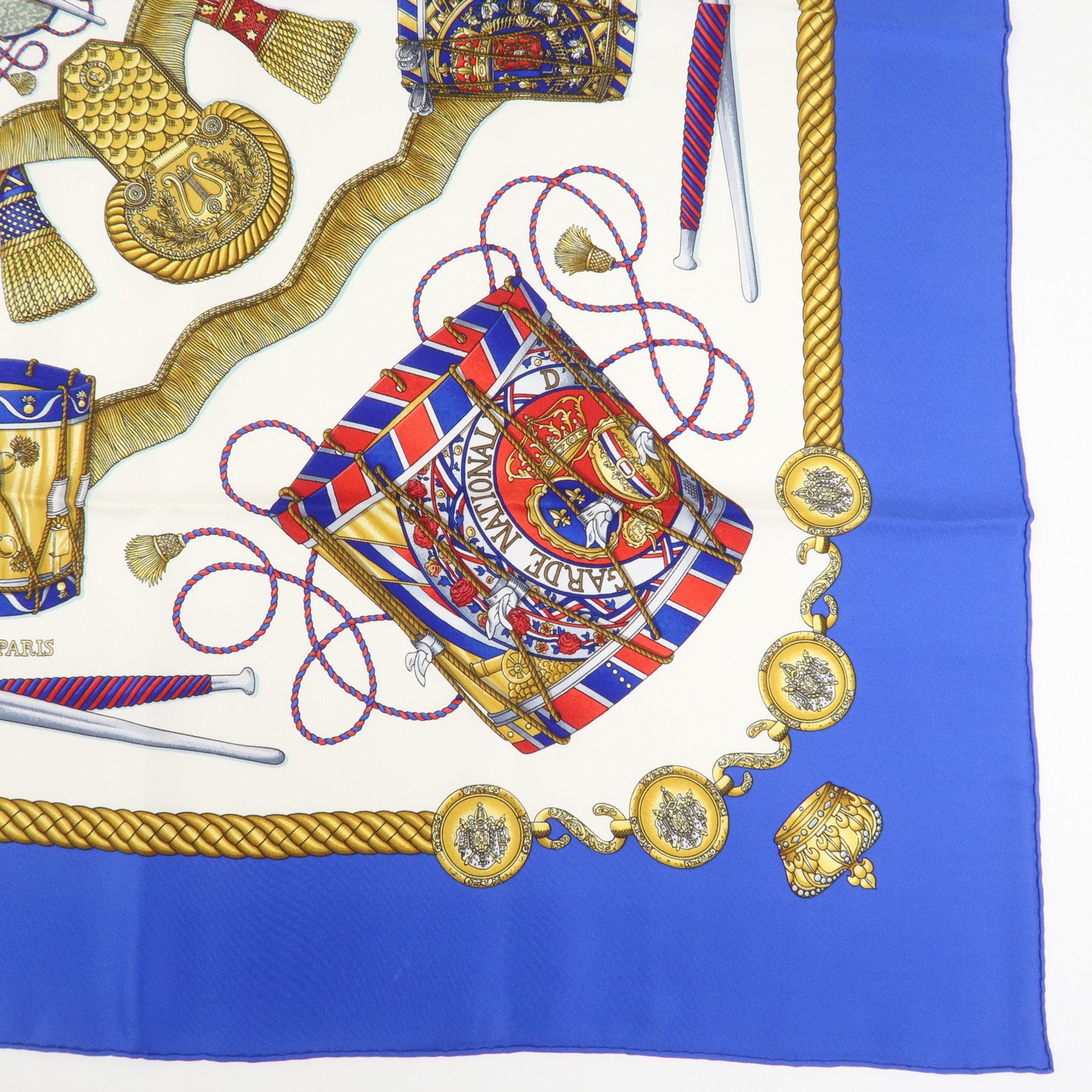 HERMES Carre 90 Silk 100% Scarf LES TAMBOURS Blue White