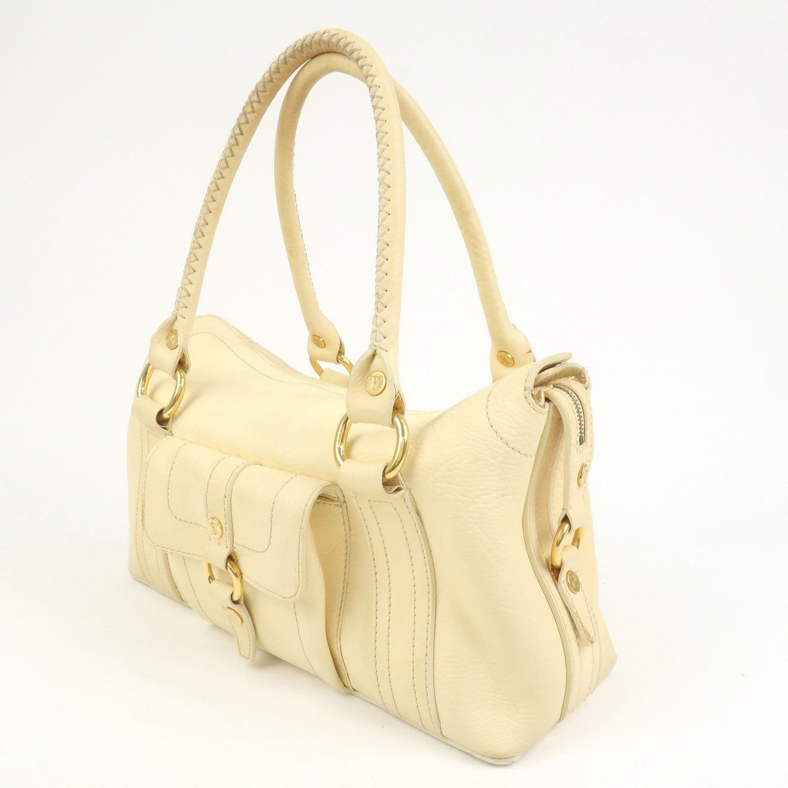 CELINE Macadam Logo Leather Tote Bag Hand bag Shoulder Bag Creme