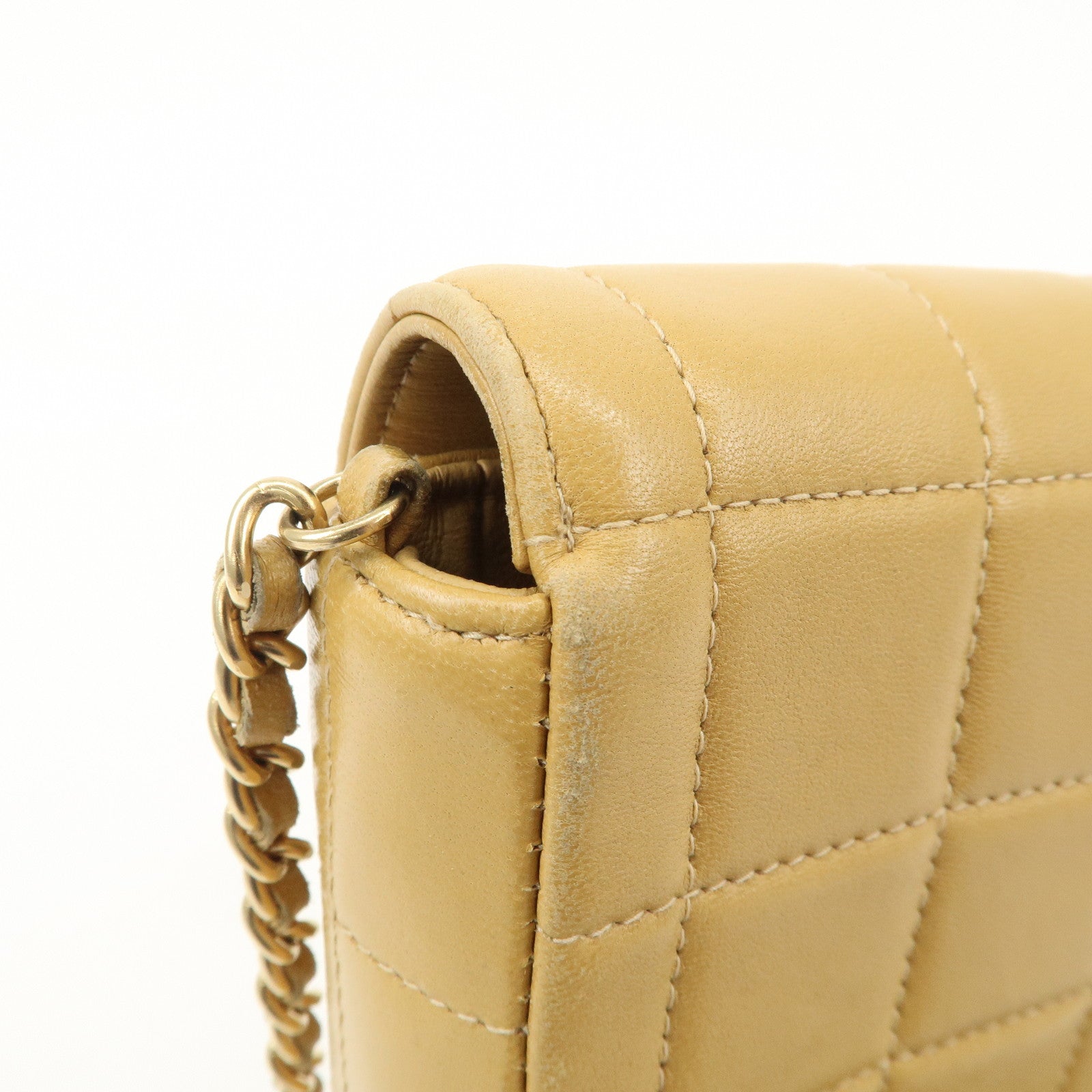 CHANEL Chocolate Bar Lamb Skin Chain Shoulder Bag Beige A15316 Used