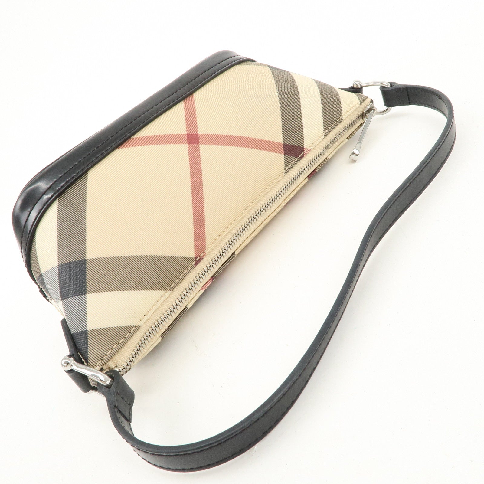 BURBERRY Leather PVC Boat Bag Hand Bag Shoulder Bag Nova Plaid Black Used