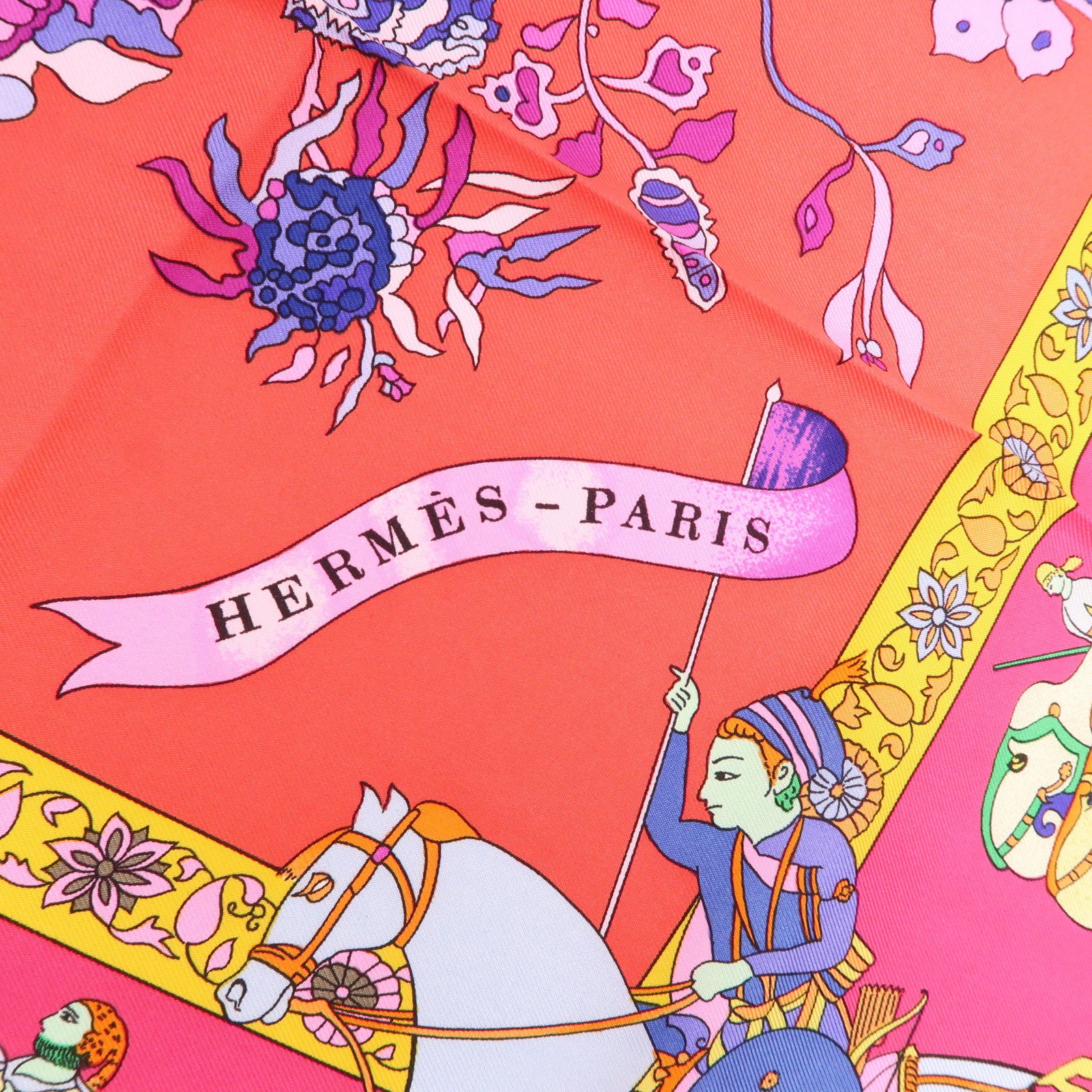 HERMES Carre 90 Silk 100% Scarf Fantaisies Indiennes Pink Red