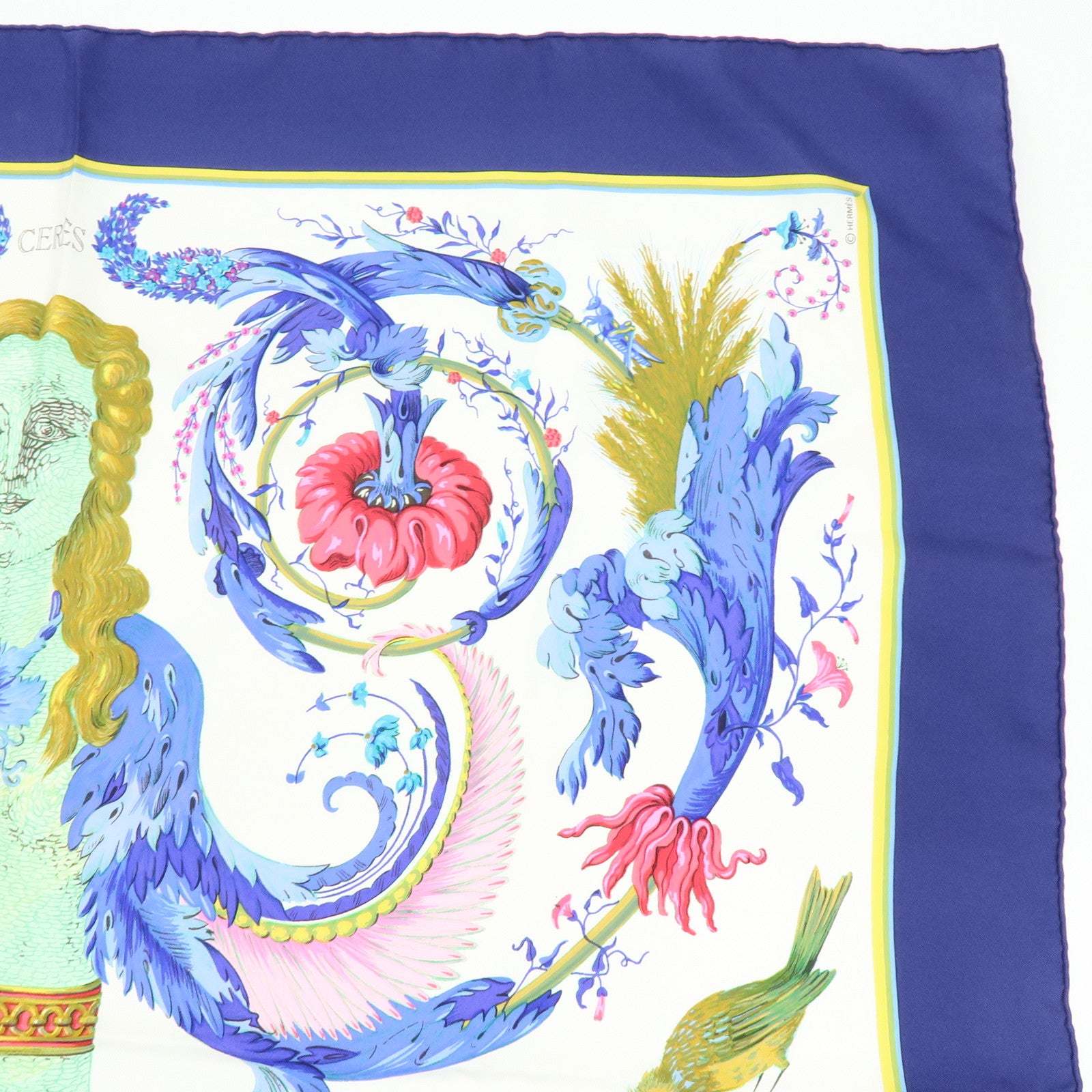 HERMES Carre 90 Silk 100% Scarf CERES White Blue Navy