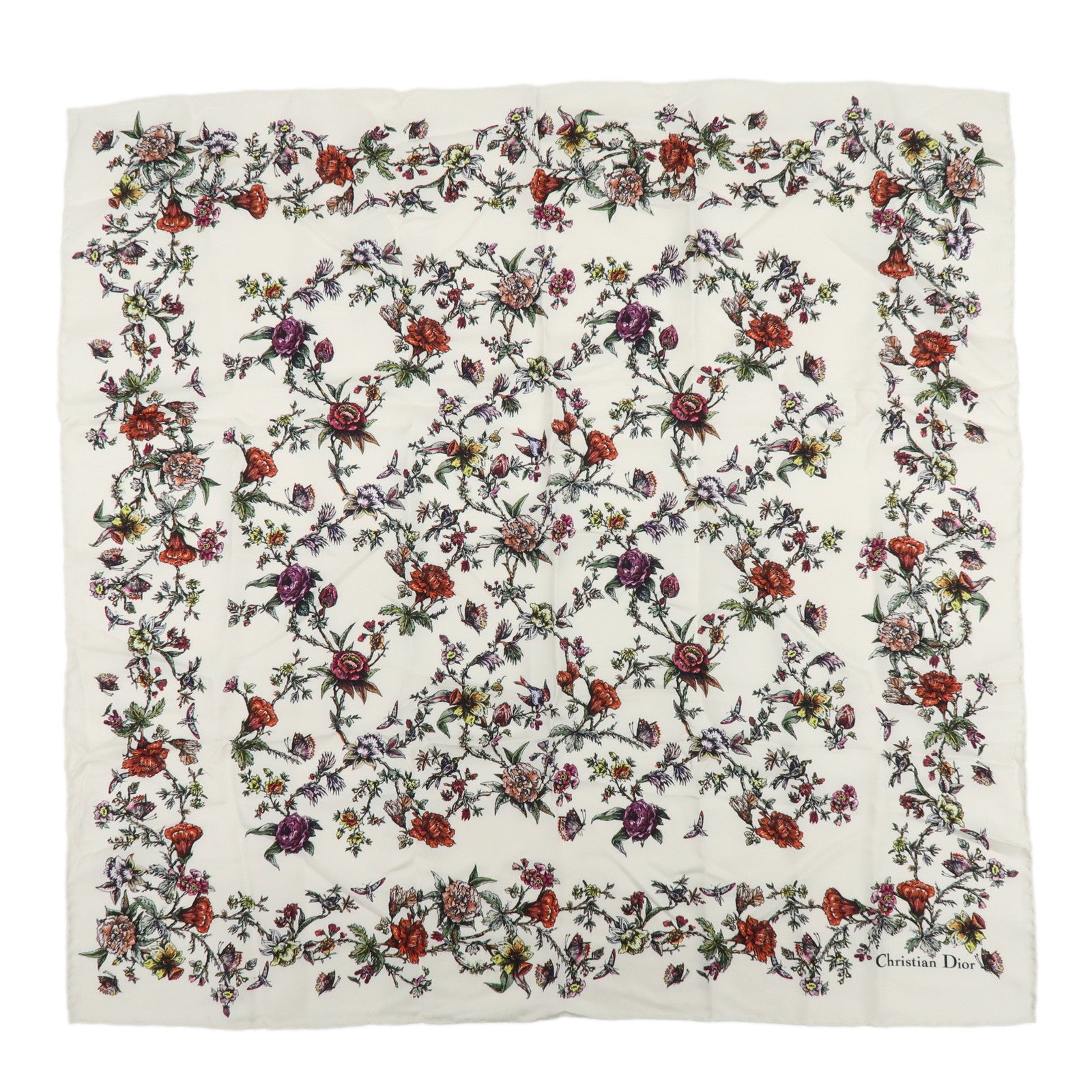 Christian Dior Flower Motif Silk 100% Scarf Ivory Multicolor
