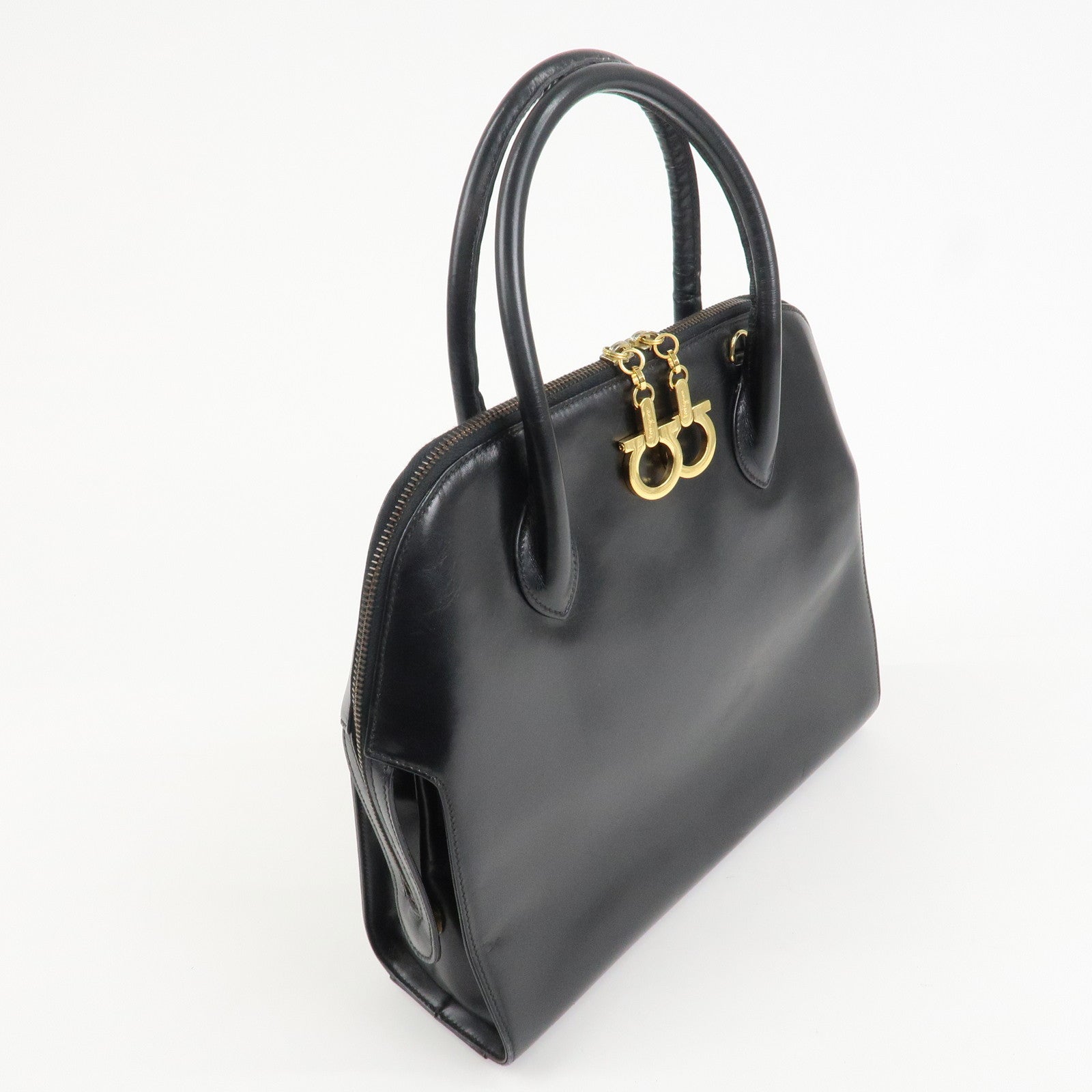 Ferragamo Leather 2Way Hand Shoulder Bag Black Gold HDW AK5644 Used