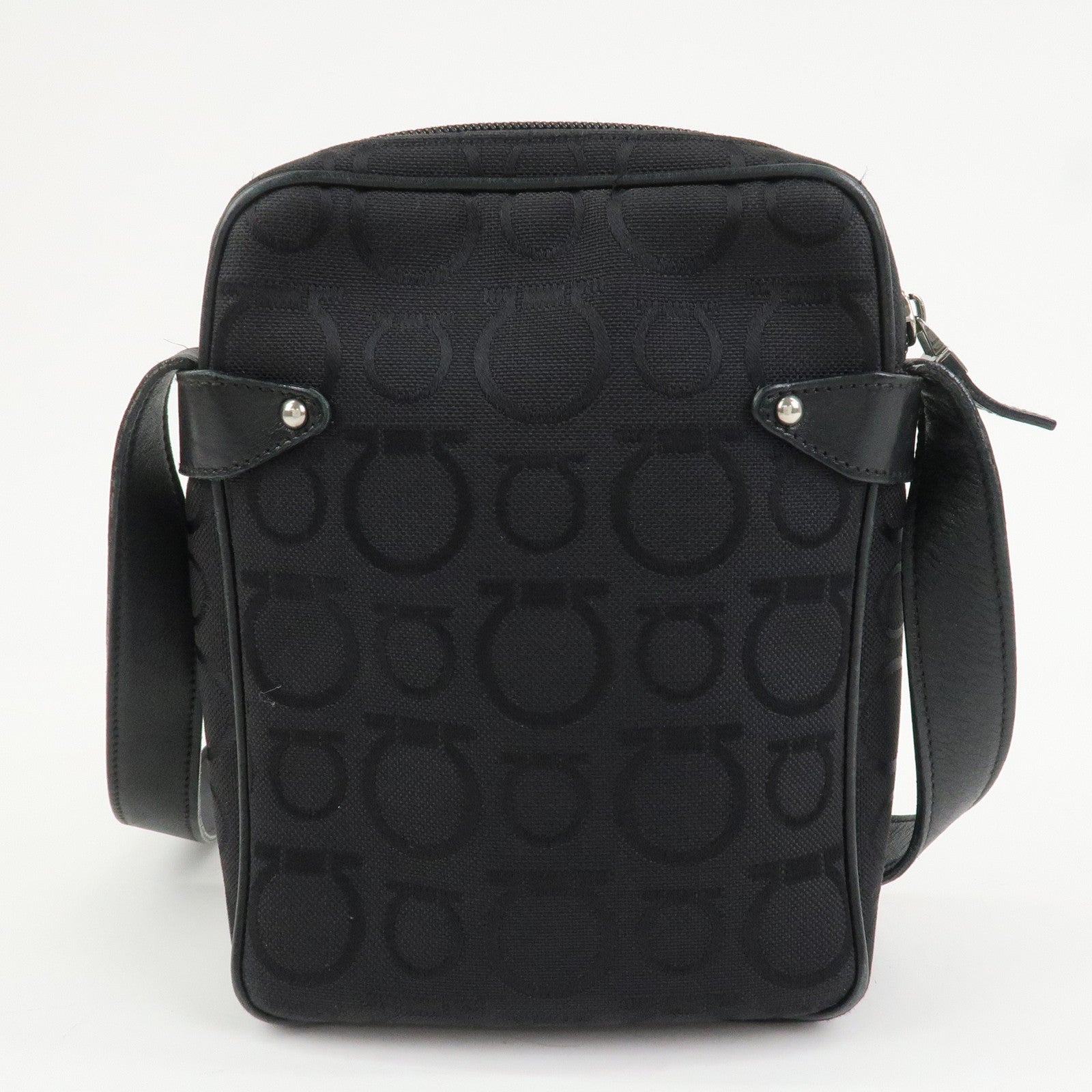 Ferragamo Gancini Logo Canvas Leather Crossbody Shoulder Bag Black