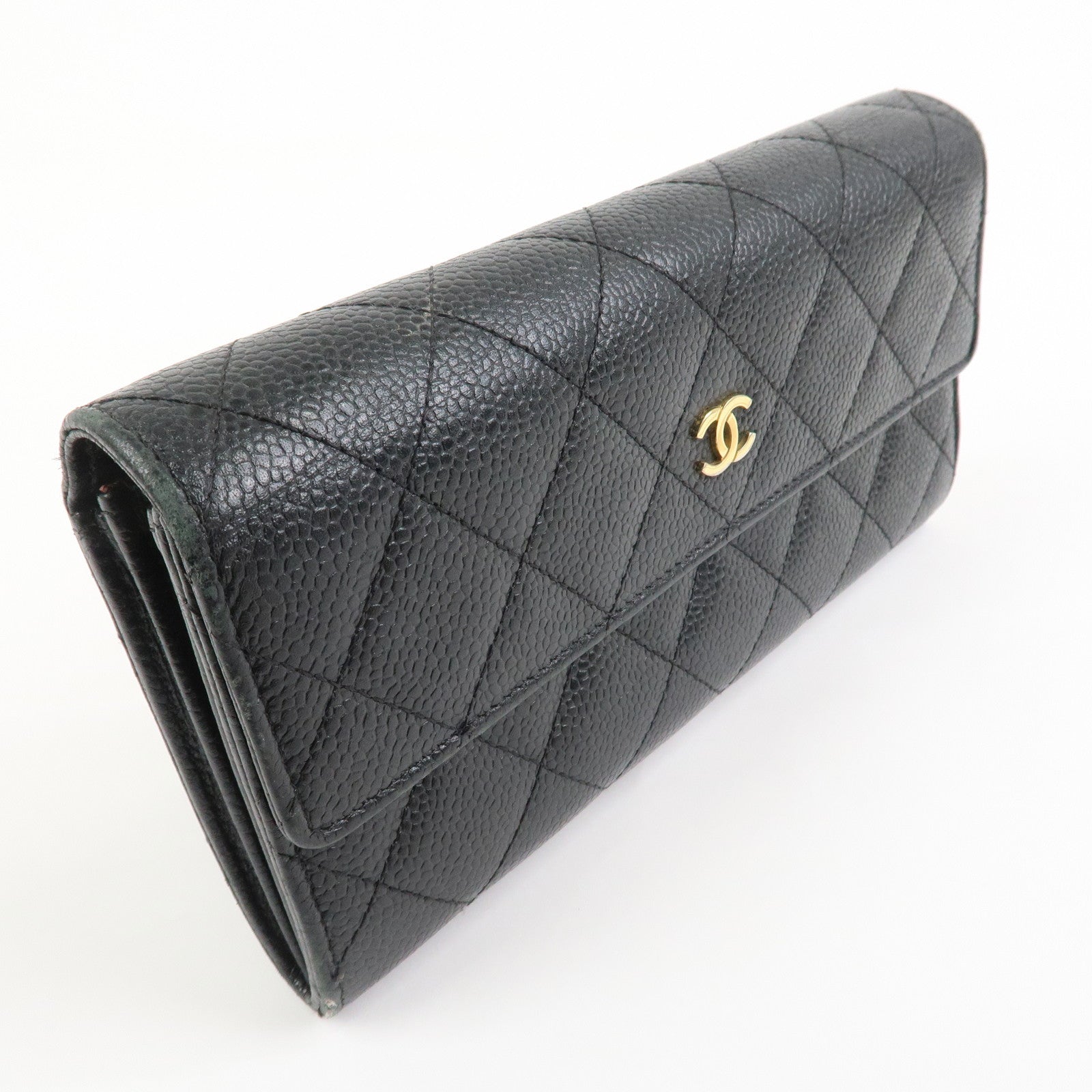 CHANEL COCO Mark Matelasse Caviarskin Long Flap Wallet Black A50096