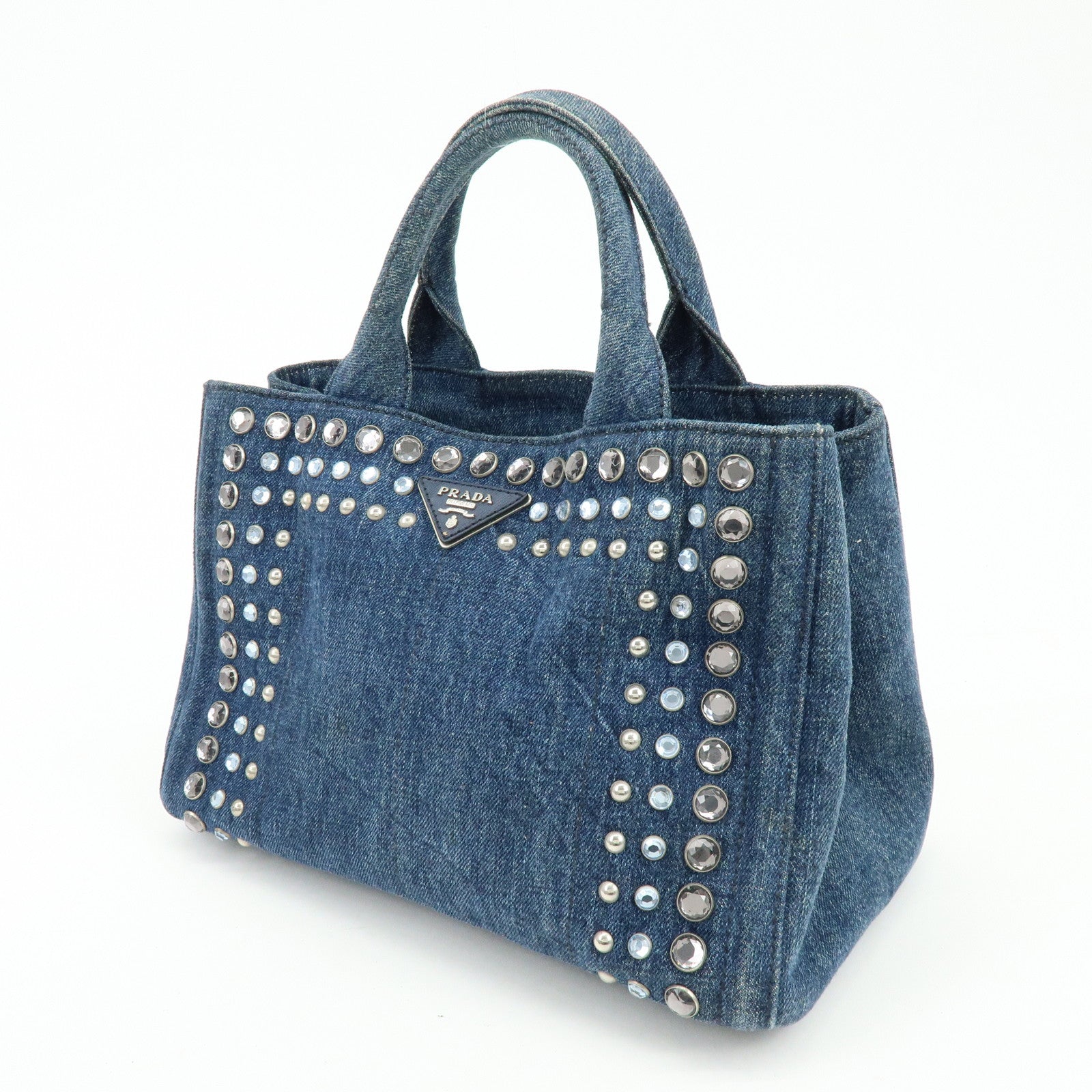 PRADA Canapa Mini Triangle Logo Denim 2Way Tote Shoulder Bag B2439O