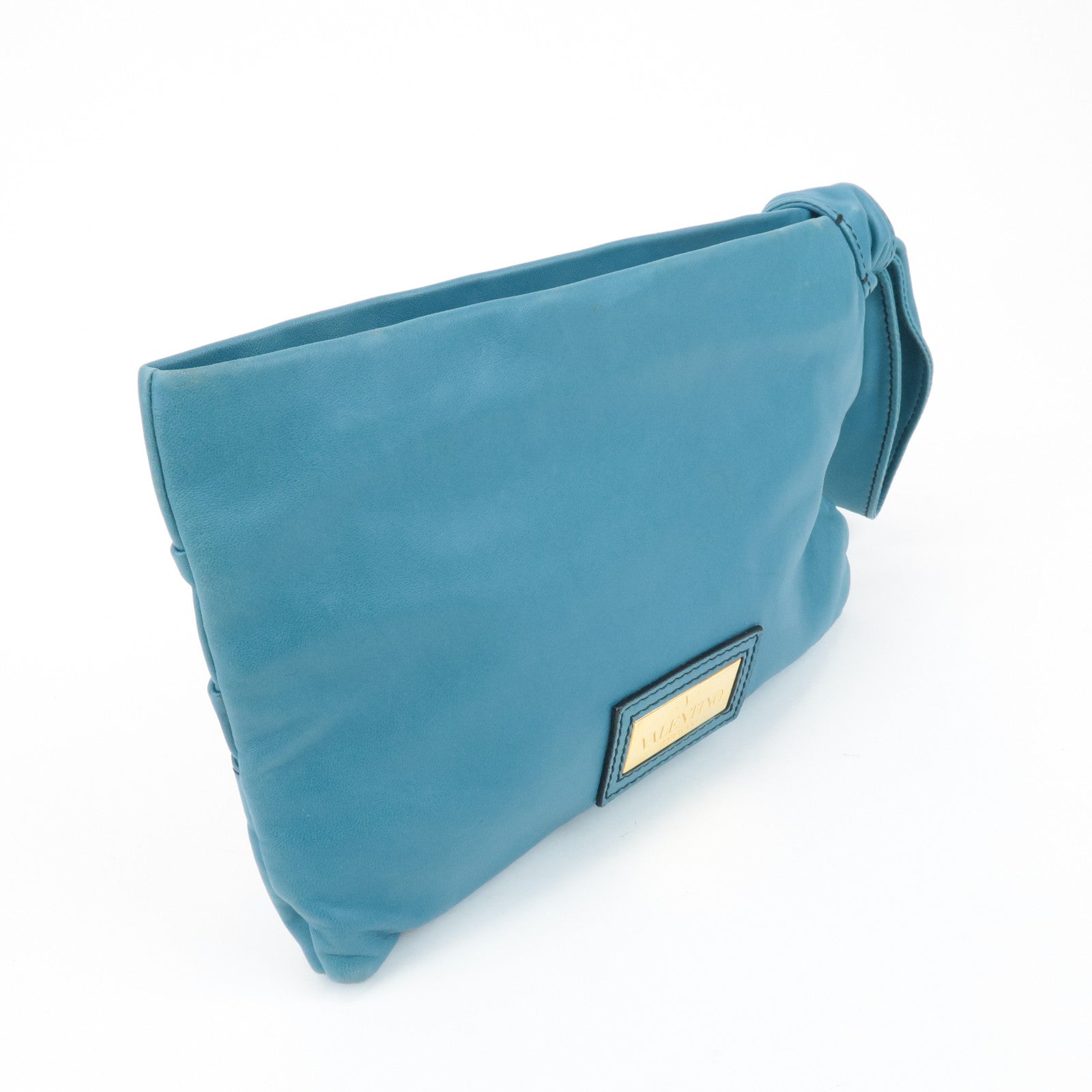 VALENTINO Leather Ribbon Clutch Bag Hand Bag Pouch Blue Used