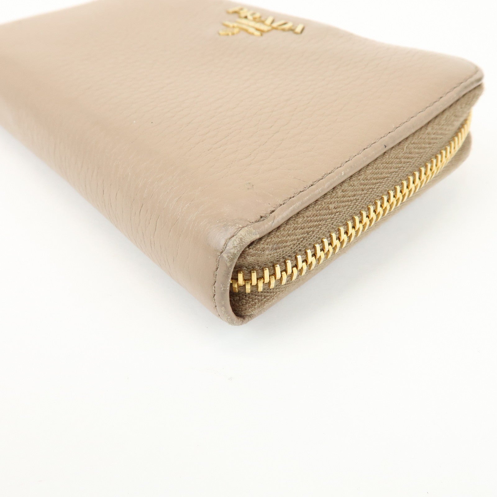 PRADA Calf Leather Compact Round Zippy Wallet Beige Gold