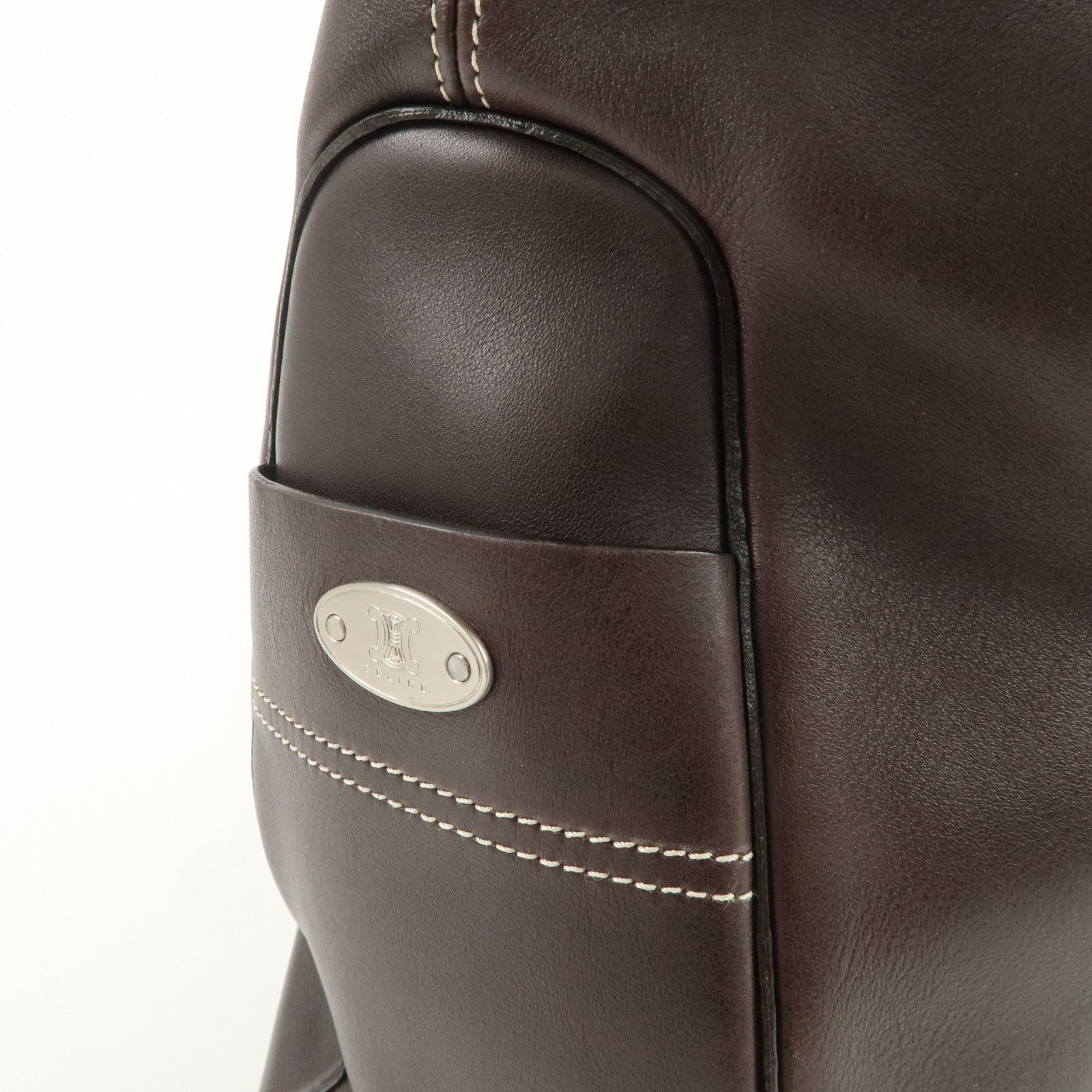 CELINE Macadam Logo Leather Tote Bag Hand Bag Dark Brown