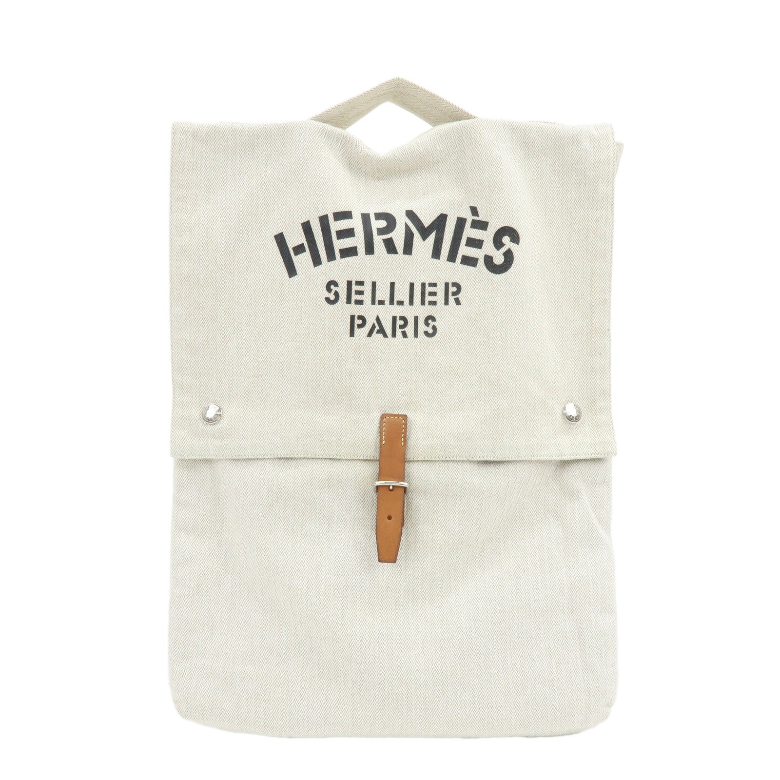 HERMES Baggy Baggage Aline Toile Chevron Leather Tote Bag Natural