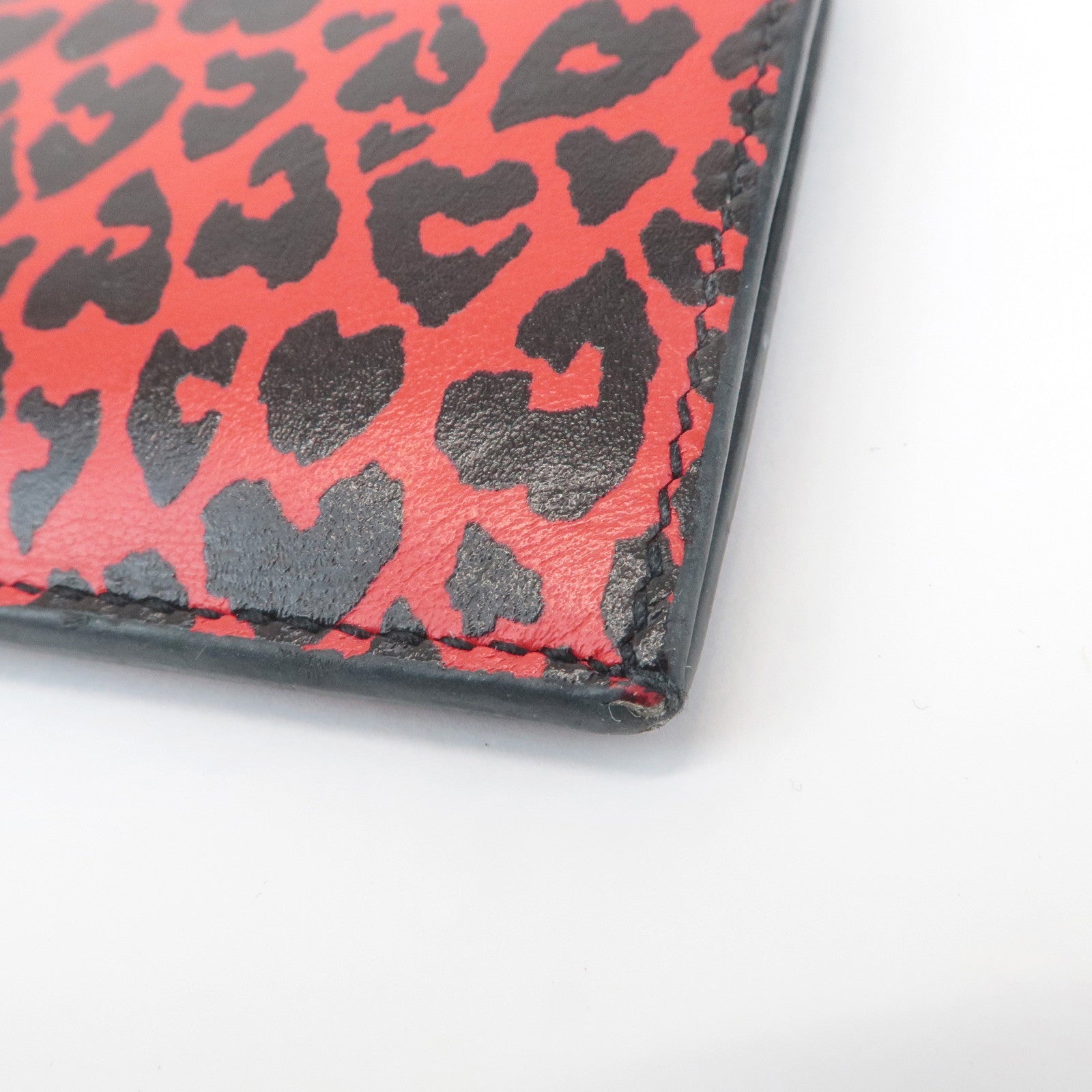 Saint Lauren Leather Animal Leopard Coin Case Card Case Black Red Used